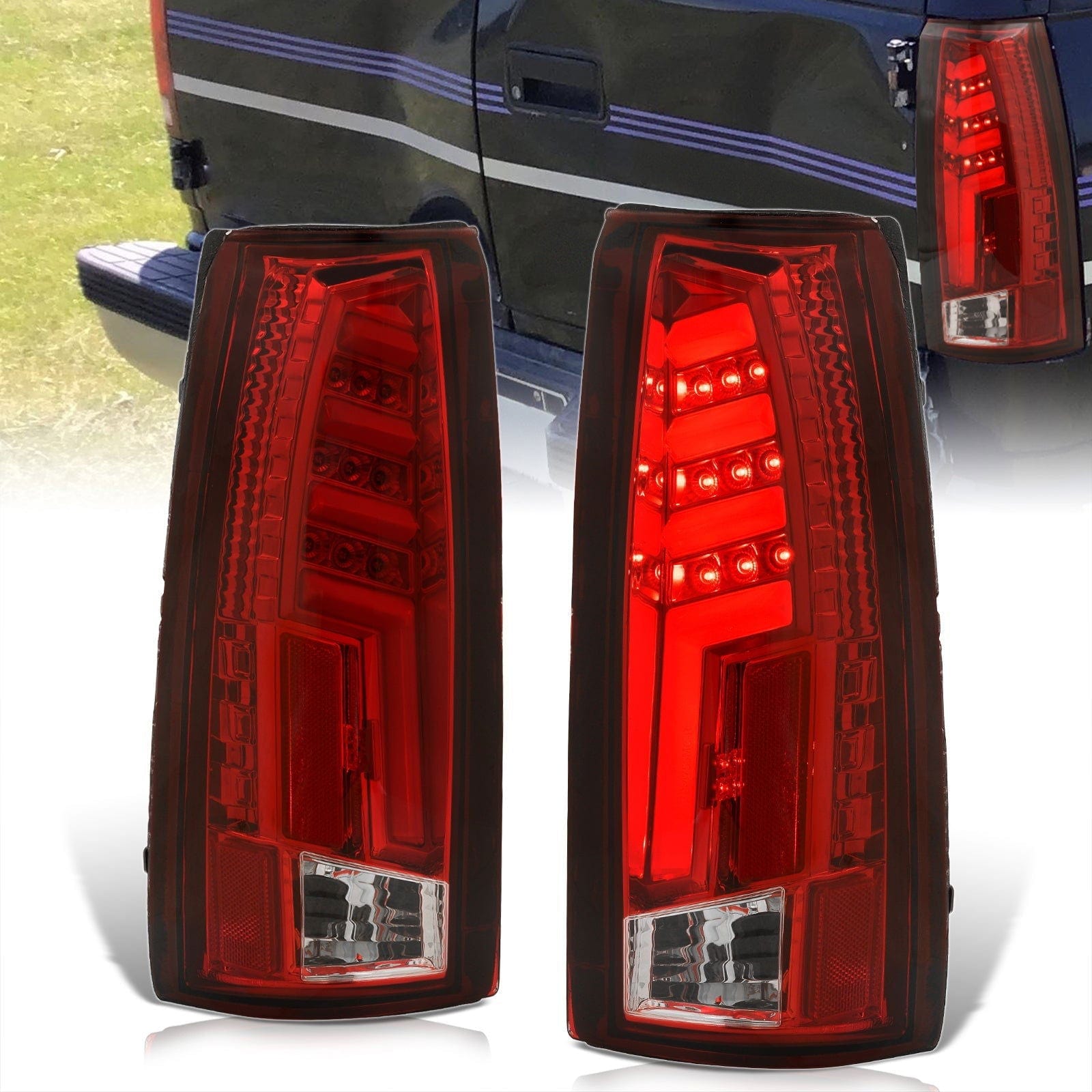 Chevrolet C/K 1988-1999 / Suburban 1992-1999 / Tahoe 1995-1999 / Blazer Full Size 1992-1994 / GMC C/K 1988-1999 / Yukon 1992-1999 / Cadillac Escalade 1999-2000 LED Bar Tail Lights Chrome Housing Red Len White Tube - Parts Agent