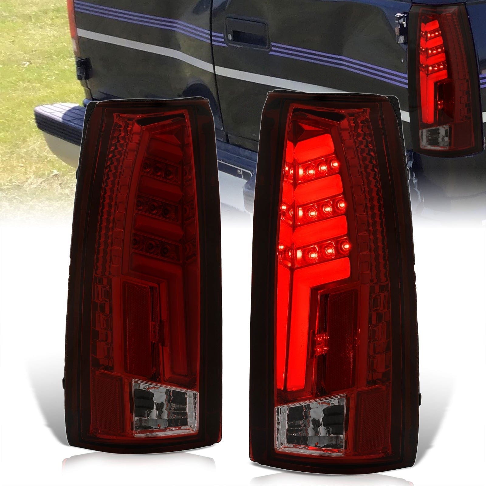 Chevrolet C/K 1988-1999 / Suburban 1992-1999 / Tahoe 1995-1999 / Blazer Full Size 1992-1994 / GMC C/K 1988-1999 / Yukon 1992-1999 / Cadillac Escalade 1999-2000 LED Bar Tail Lights Chrome Housing Red Smoke Len White Tube - Parts Agent