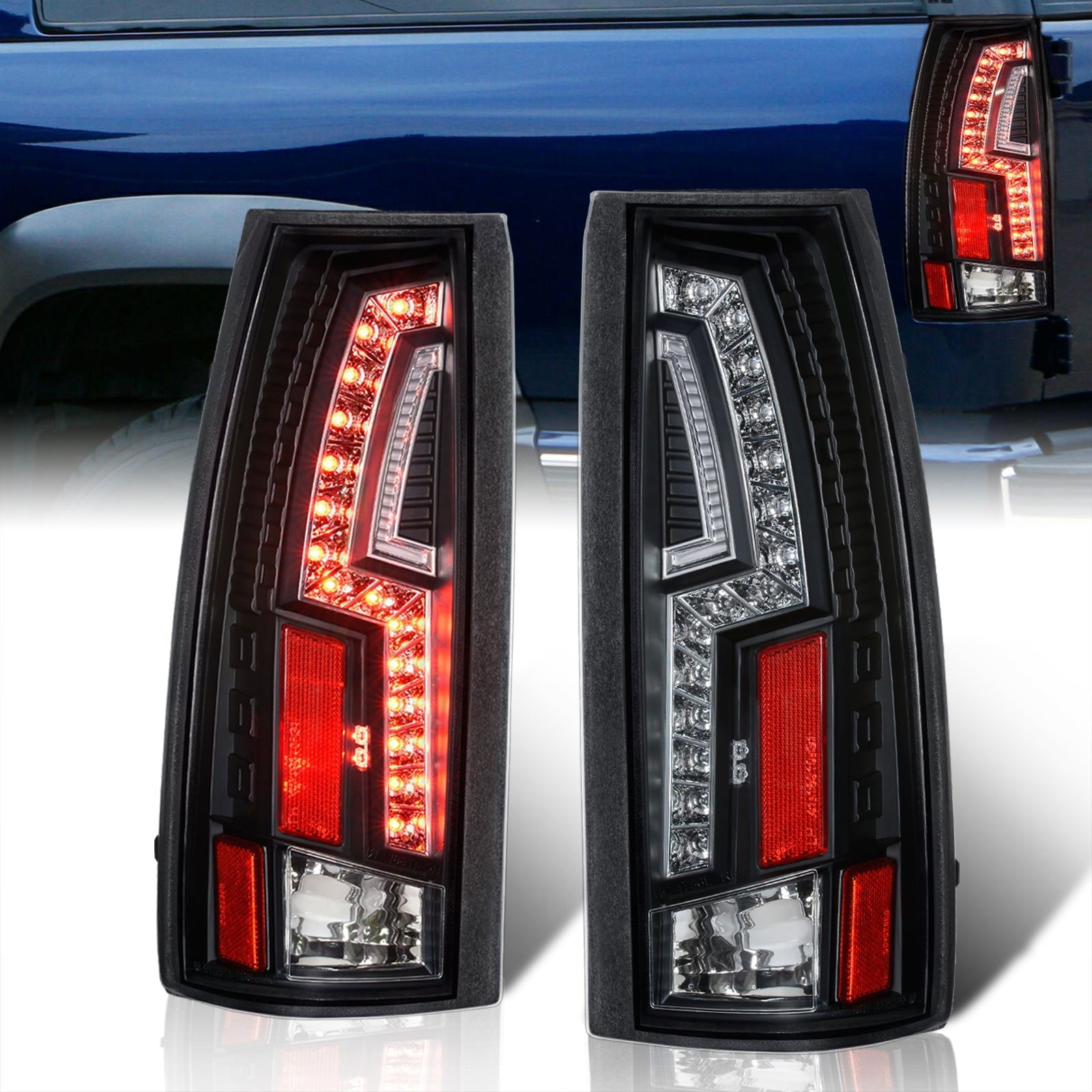 Chevrolet C/K 1988-1999 / Suburban 1992-1999 / Tahoe 1995-1999 / Blazer Full Size 1992-1994 / GMC C/K 1988-1999 / Yukon 1992-1999 / Cadillac Escalade 1999-2000 LED Tail Lights Black Housing Clear Len - Parts Agent