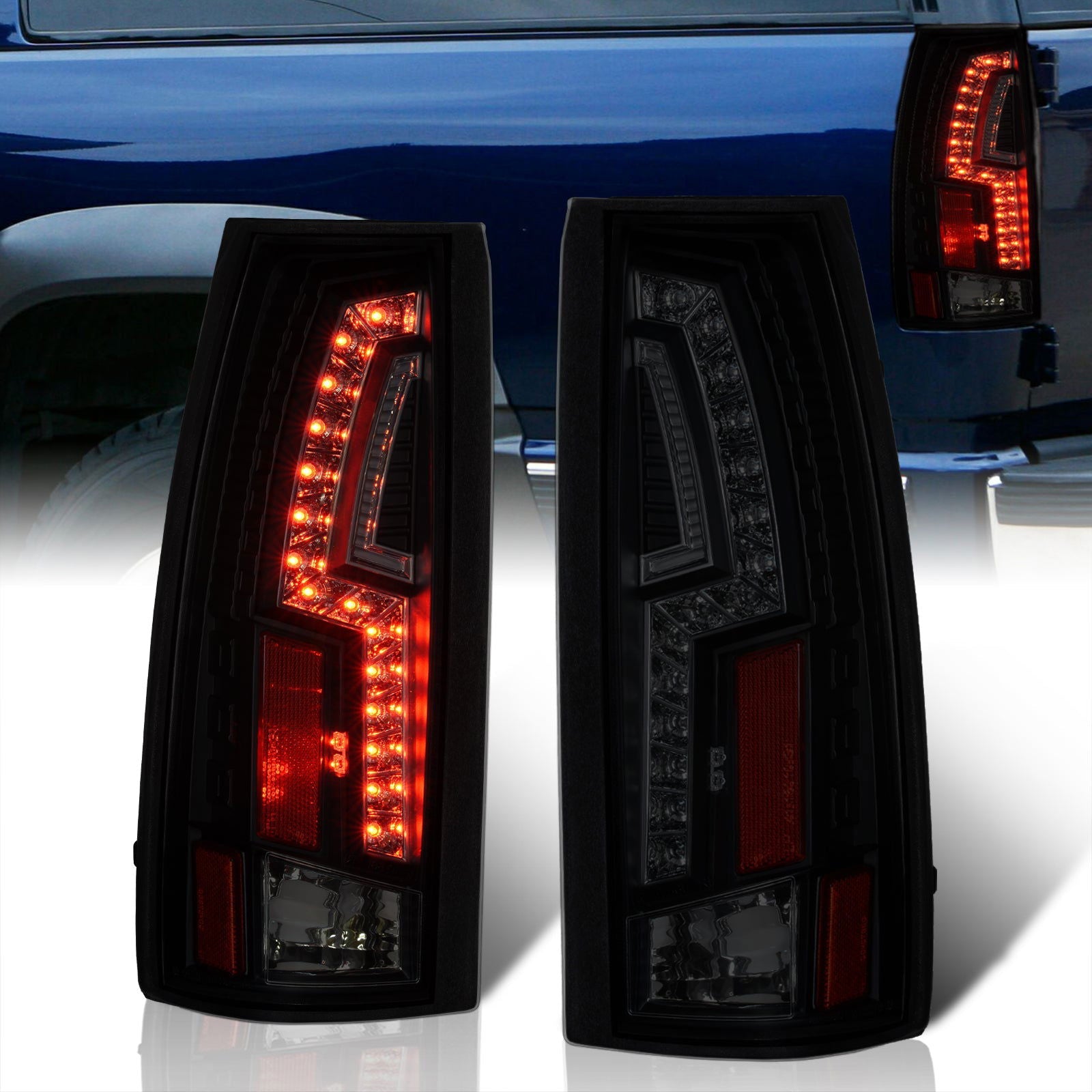 Chevrolet C/K 1988-1999 / Suburban 1992-1999 / Tahoe 1995-1999 / Blazer Full Size 1992-1994 / GMC C/K 1988-1999 / Yukon 1992-1999 / Cadillac Escalade 1999-2000 LED Tail Lights Black Housing Smoke Len - Parts Agent