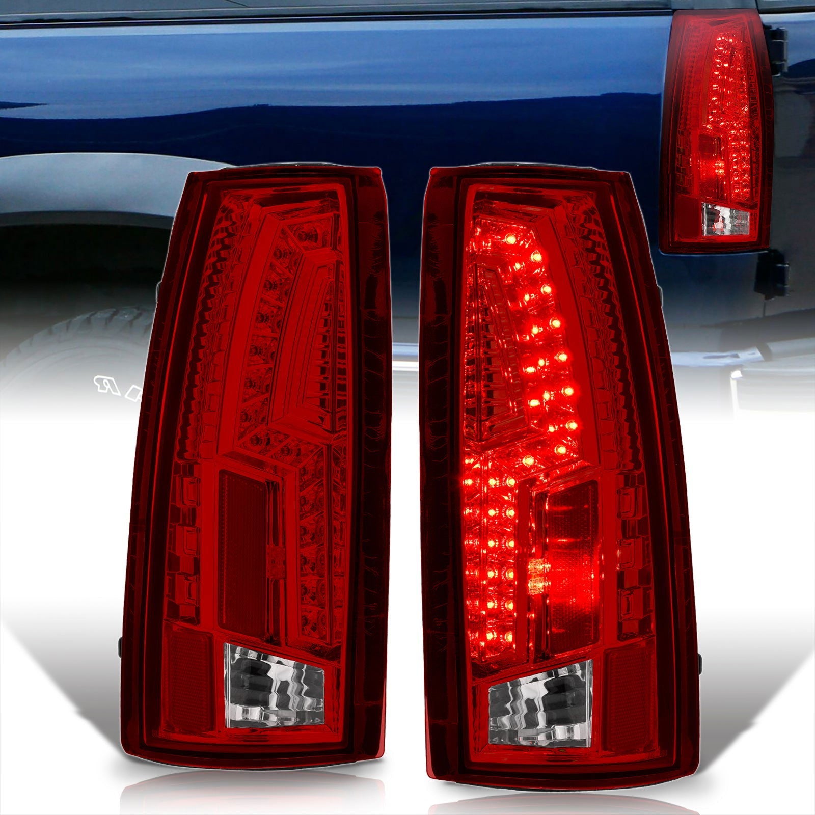 Chevrolet C/K 1988-1999 / Suburban 1992-1999 / Tahoe 1995-1999 / Blazer Full Size 1992-1994 / GMC C/K 1988-1999 / Yukon 1992-1999 / Cadillac Escalade 1999-2000 LED Tail Lights Chrome Housing Red Len - Parts Agent