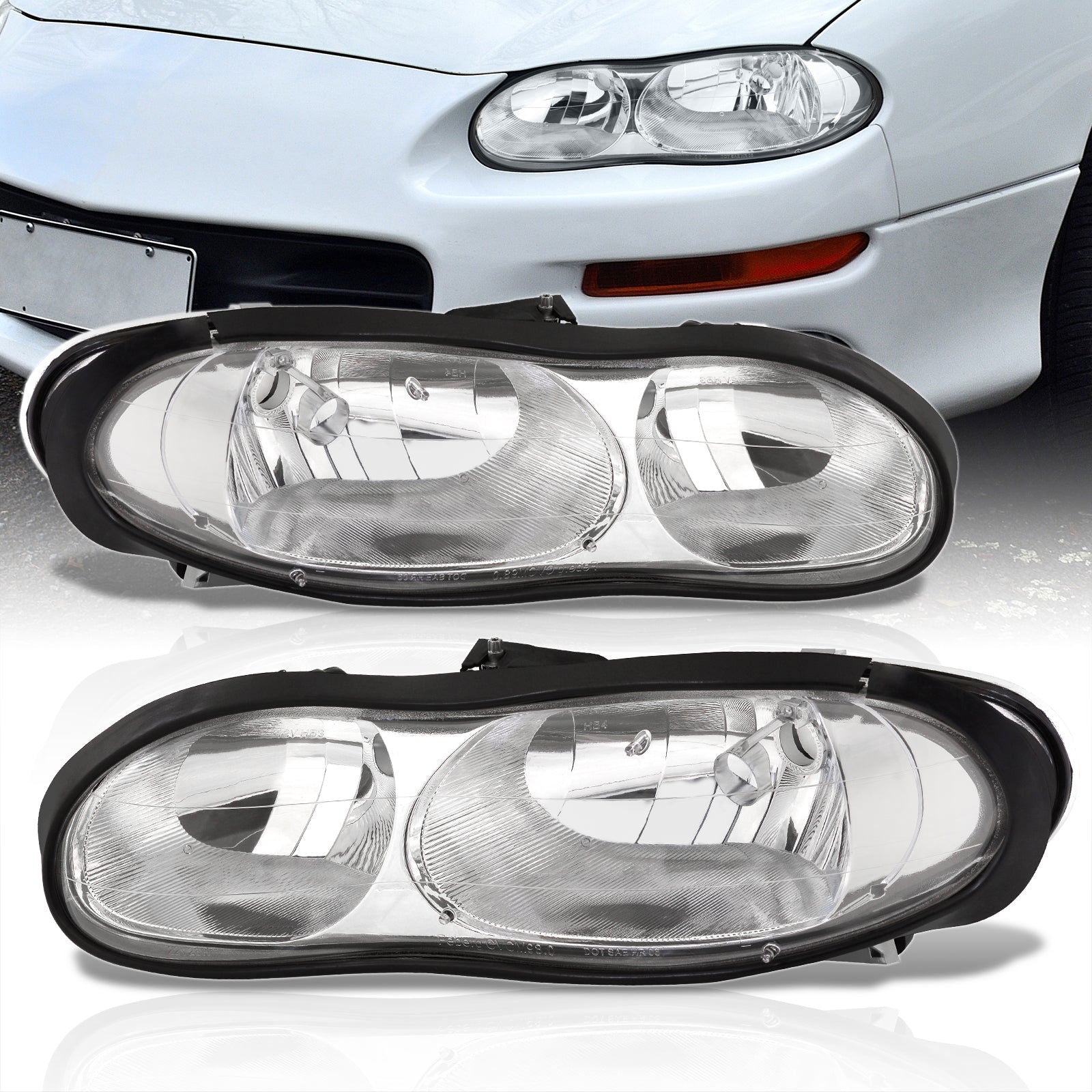 Chevrolet Camaro 1998-2002 Factory Style Headlights Chrome Housing Clear Len Chrome Reflector - Parts Agent