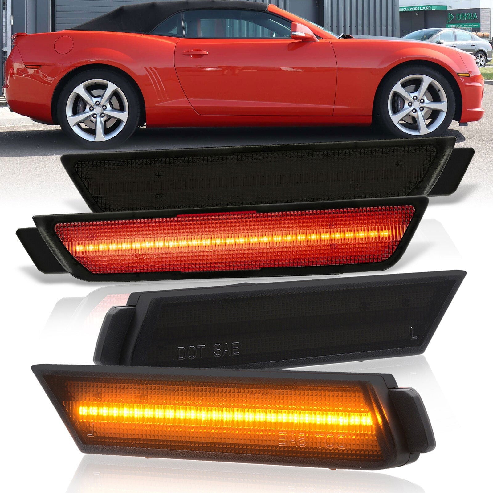 Chevrolet Camaro 2010-2015 Front Amber + Rear Red LED Side Marker Lights Smoke Lens - Parts Agent