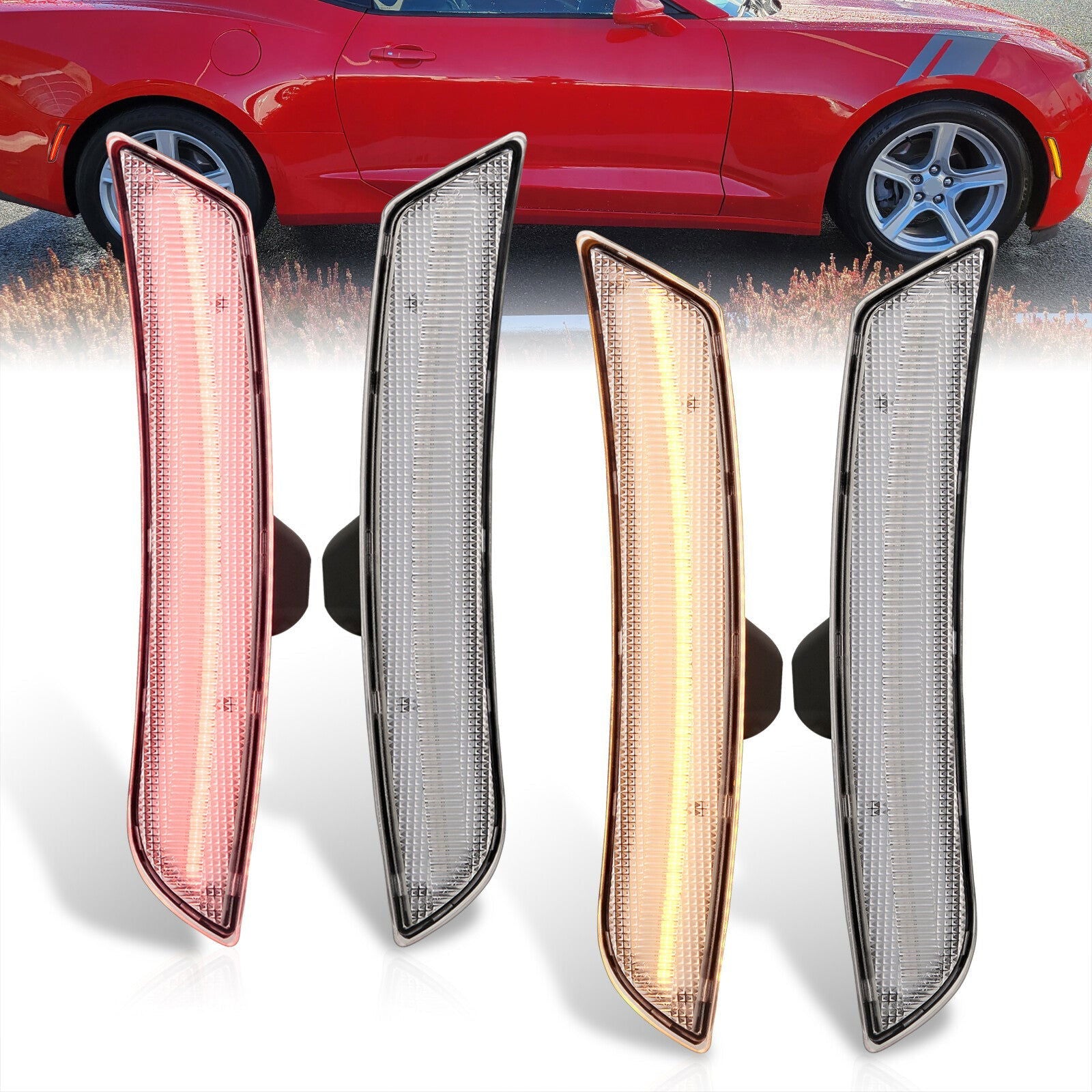 Chevrolet Camaro 2016-2022 LED Clear Lens Front Amber + Red Rear Side Markers Lights - Parts Agent