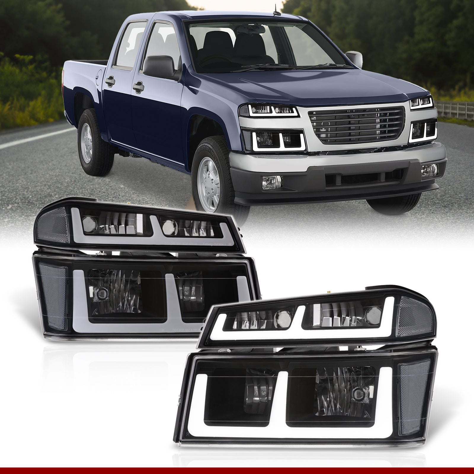 Chevrolet Colorado 2004-2012 LED DRL Bar Factory Style Headlights + Bumpers Black Housing Clear Len Clear Reflector - Parts Agent