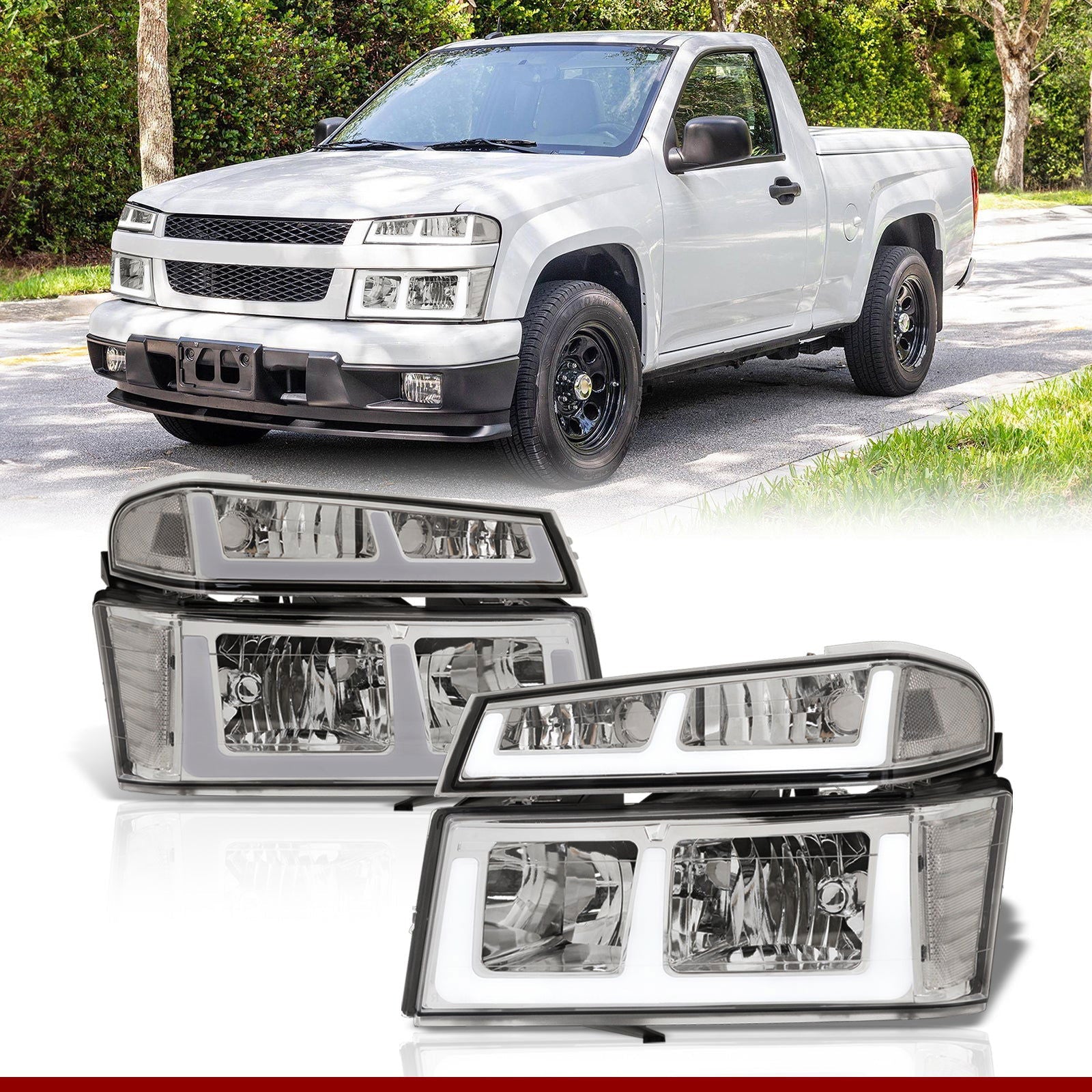 Chevrolet Colorado 2004-2012 LED DRL Bar Factory Style Headlights + Bumpers Chrome Housing Clear Len Clear Reflector - Parts Agent