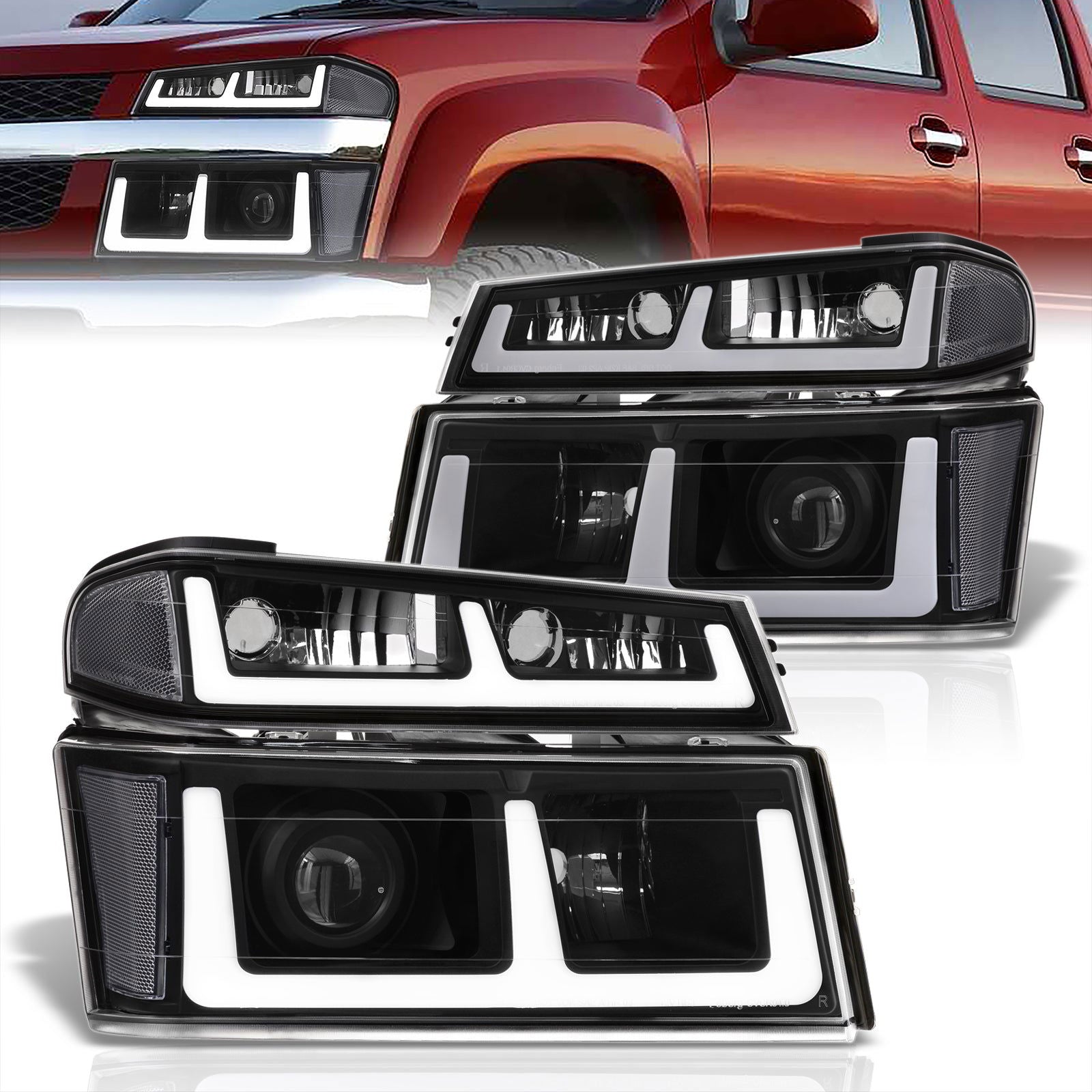 Chevrolet Colorado 2004-2012 LED DRL Bar Projector Headlights + Bumpers Black Housing Clear Len Clear Reflector - Parts Agent