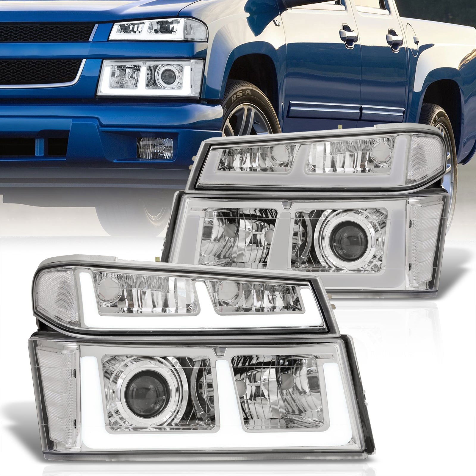 Chevrolet Colorado 2004-2012 LED DRL Bar Projector Headlights + Bumpers Chrome Housing Clear Len Clear Reflector - Parts Agent