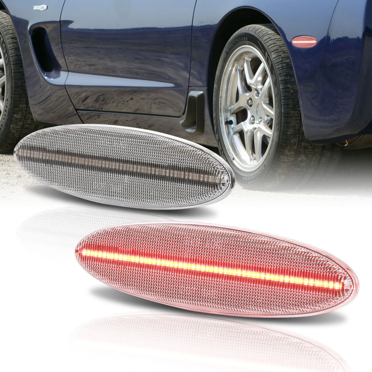 Chevrolet Corvette C5 1997-2004 Rear Red LED Side Marker Lights Clear Len - Parts Agent