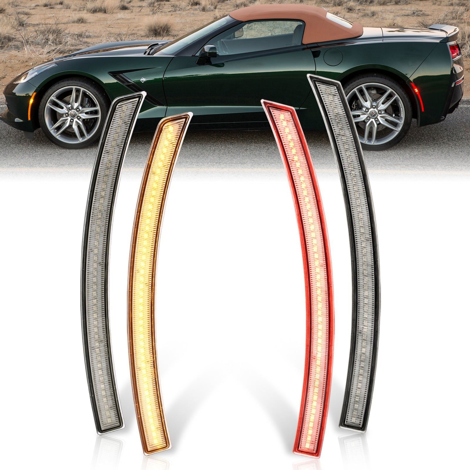 Chevrolet Corvette C7 2014-2019 4 Piece Front Amber & Rear Red LED Side Marker Lights Clear Len - Parts Agent