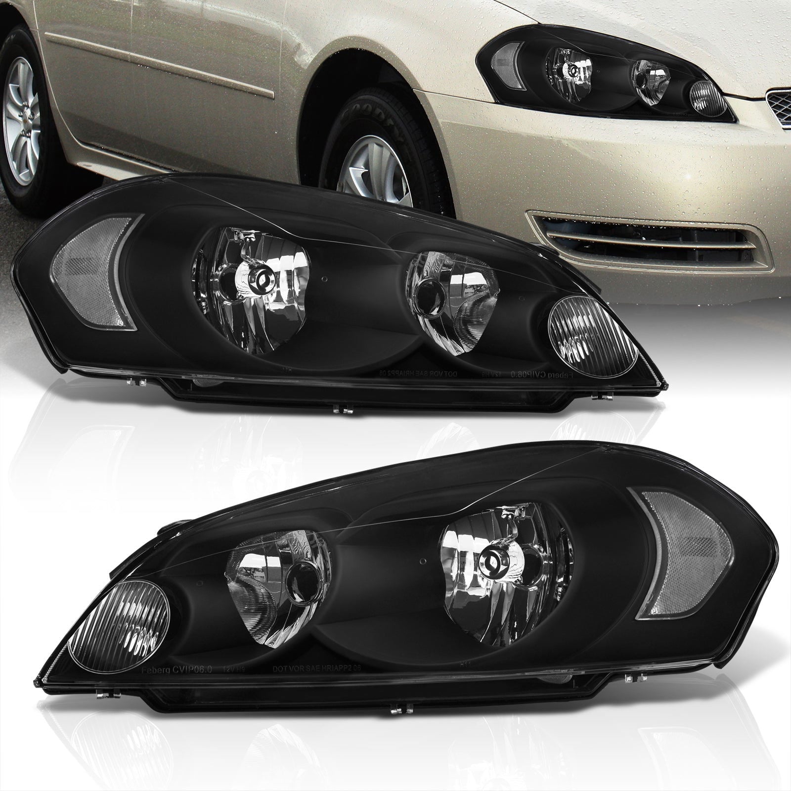 Chevrolet Impala 2006-2013 / Impala Limited 2014-2015 / Monte Carlo 2006-2007 Factory Style Headlights Black Housing Clear Len Clear Reflector - Parts Agent