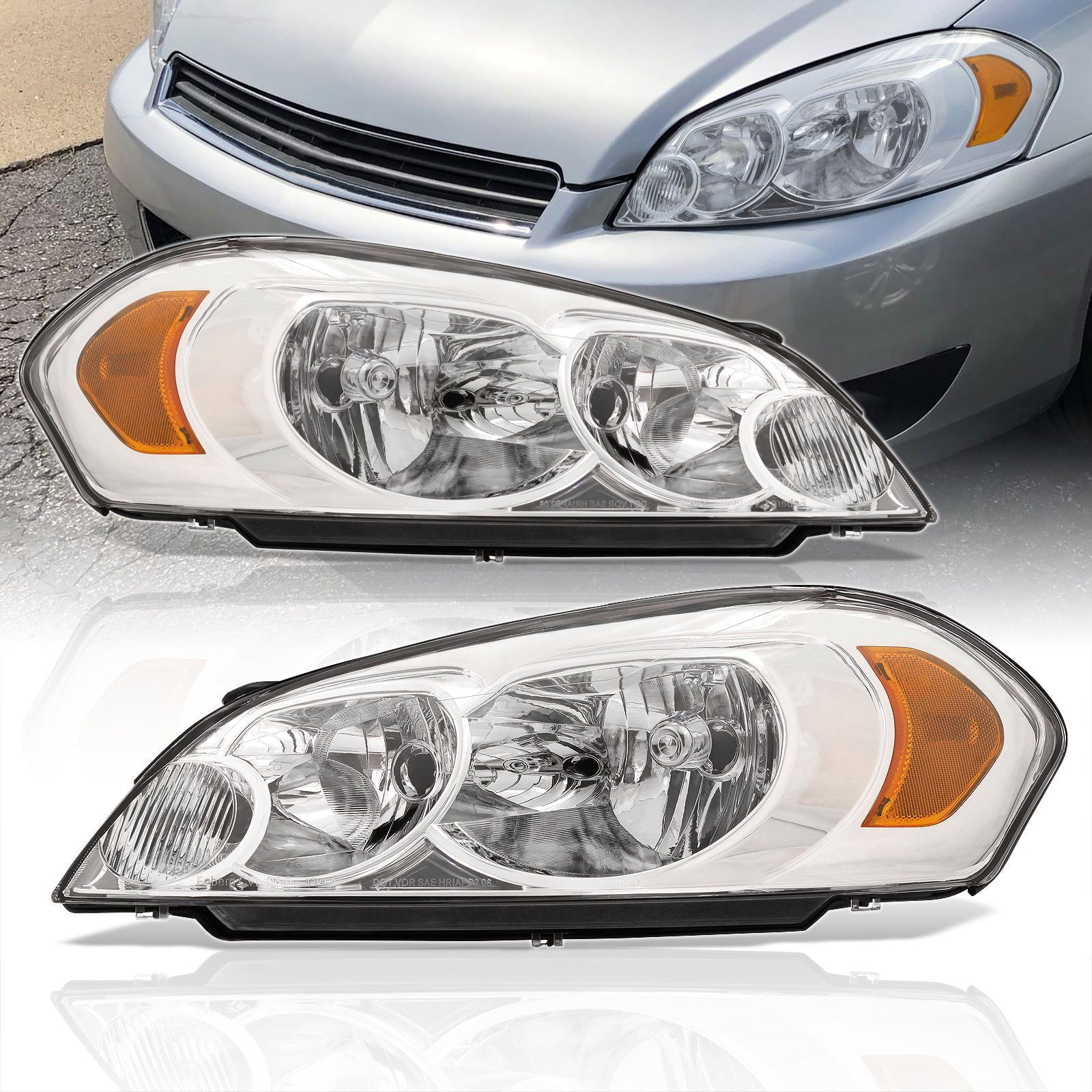 Chevrolet Impala 2006-2013 / Impala Limited 2014-2015 / Monte Carlo 2006-2007 Factory Style Headlights Chrome Housing Clear Len Amber Reflector - Parts Agent