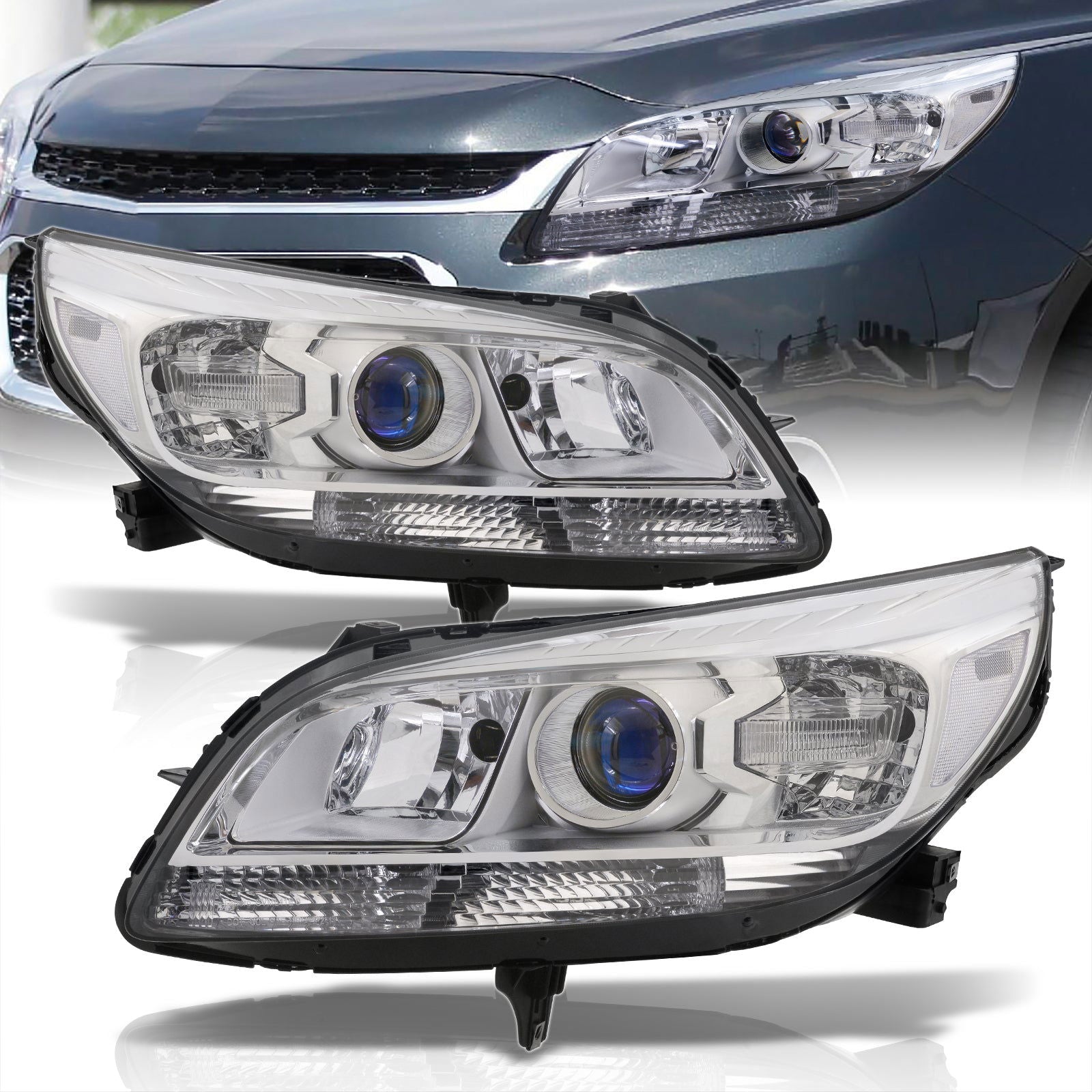 Chevrolet Malibu 2013-2015 Factory Style Headlights Chrome Housing Clear Len Clear Reflector (Halogen Models Only) - Parts Agent