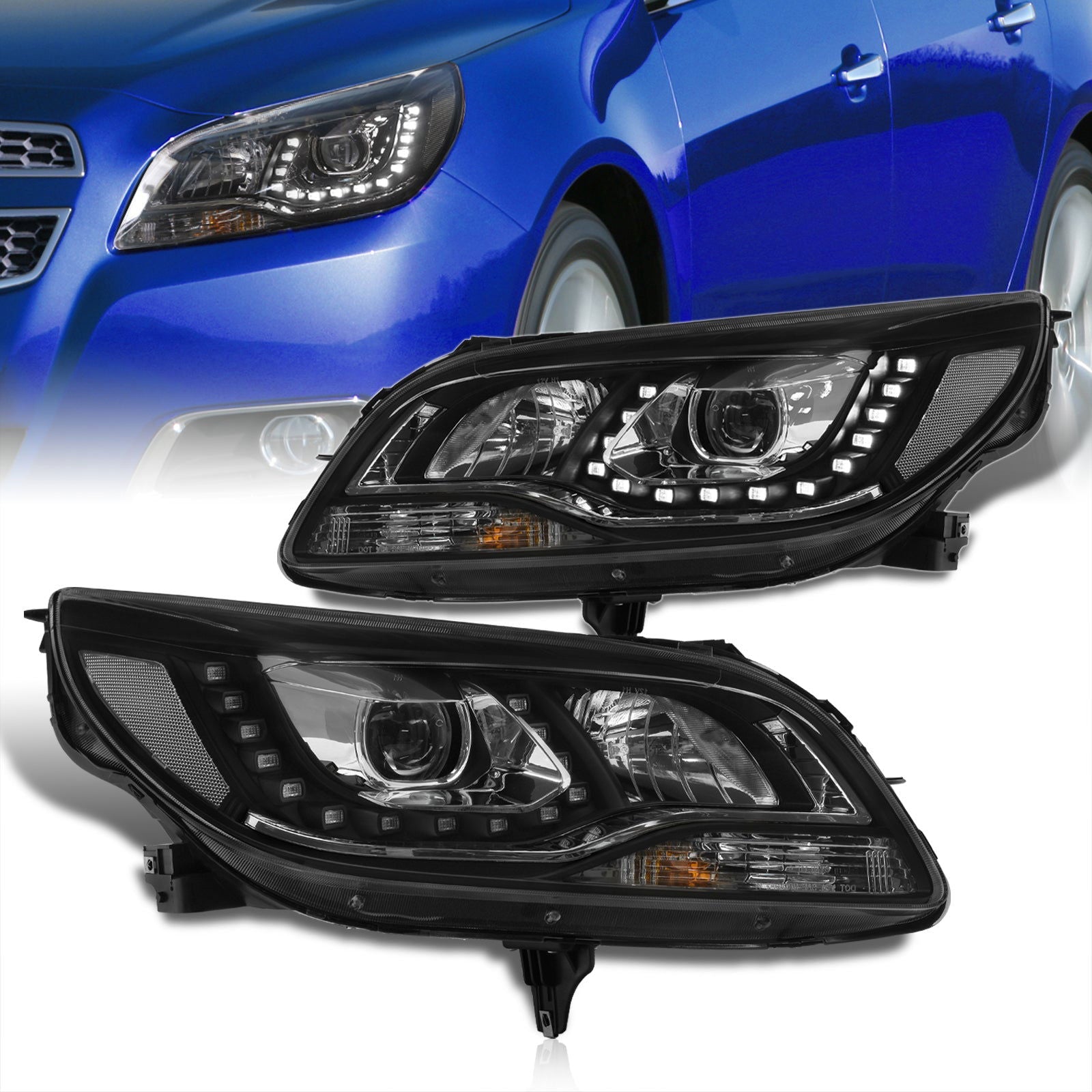 Chevrolet Malibu 2013-2015 Halo LED DRL Bar Projector Headlights Black Housing Clear Len Clear Reflector (Halogen Models Only) - Parts Agent