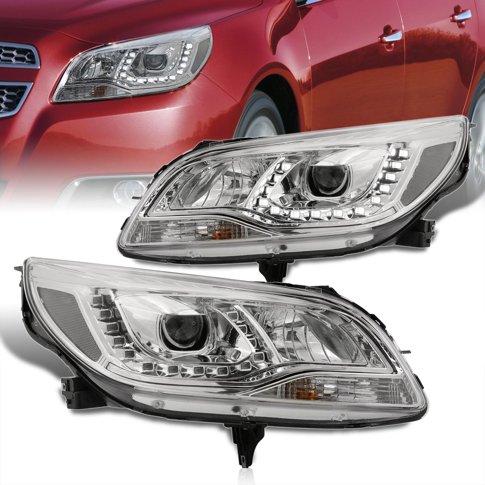 Chevrolet Malibu 2013-2015 Halo LED DRL Bar Projector Headlights Chrome Housing Clear Len Clear Reflector (Halogen Models Only) - Parts Agent