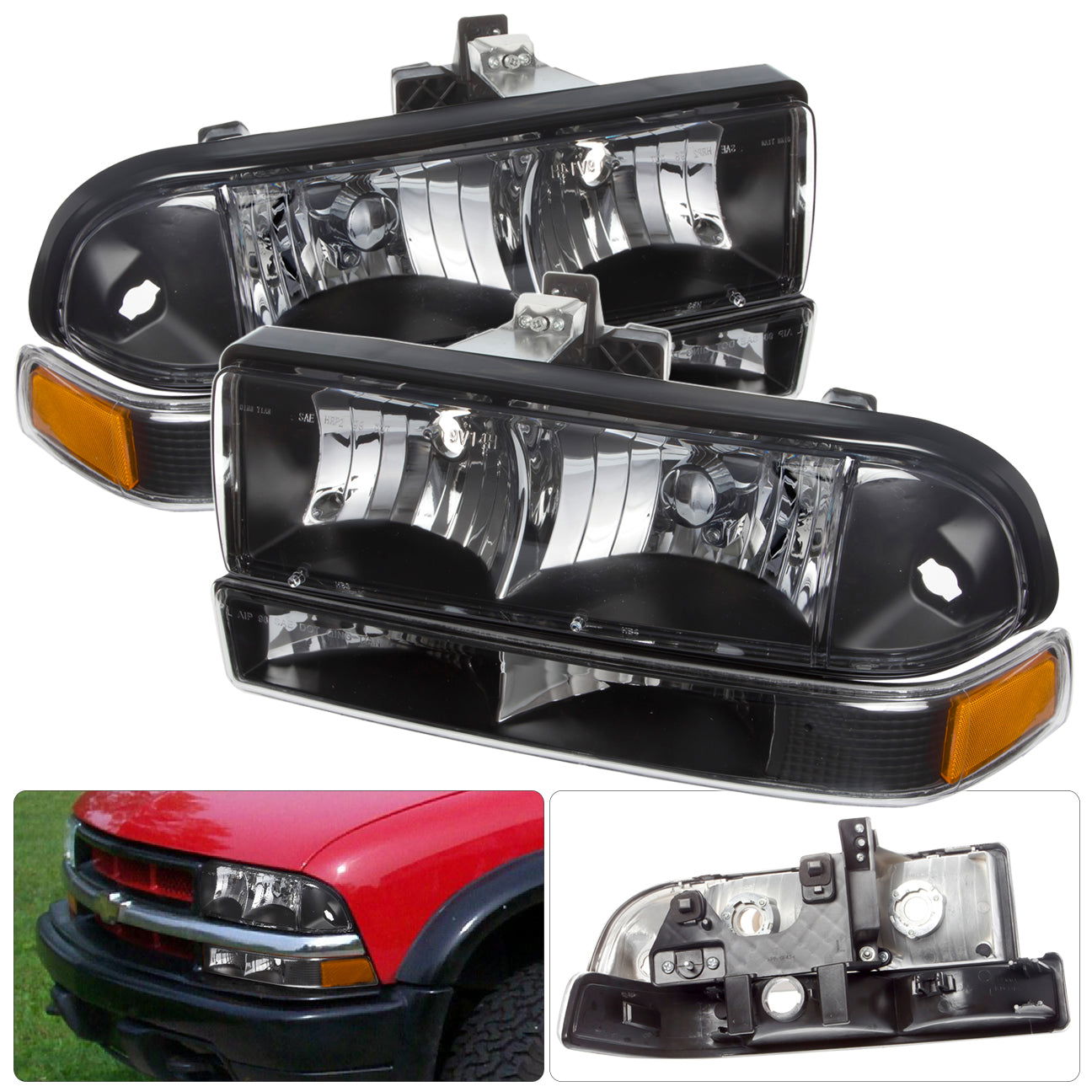 Chevrolet S10 Pickup 1998-2004 / Blazer 1998-2004 Factory Style Headlights + Bumpers Black Housing Clear Len Amber Reflector - Parts Agent