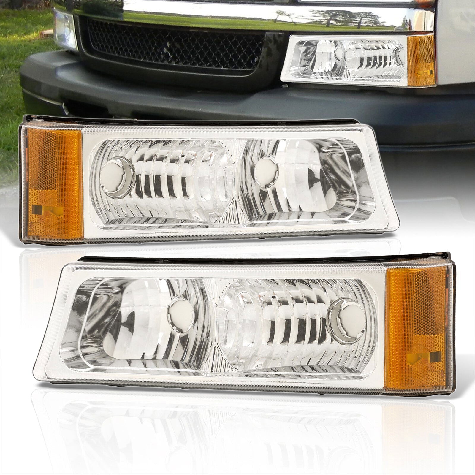 Chevrolet Silverado 03-06 Bumper Lights Chrome Housing Clear Lens Amber Reflectors - Parts Agent