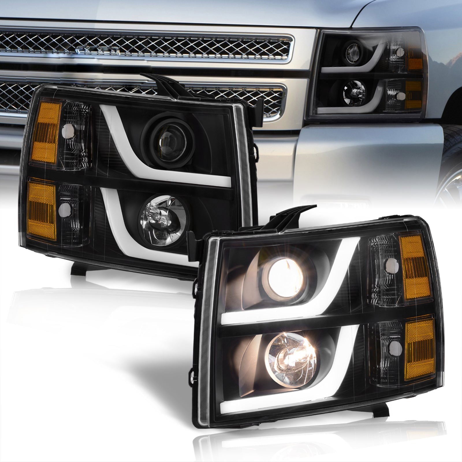 Chevrolet Silverado 1500 2007-2013 / 2500HD 3500HD 2007-2014 LED DRL Bar Projector Headlights Black Housing Clear Len Amber Reflector - Parts Agent