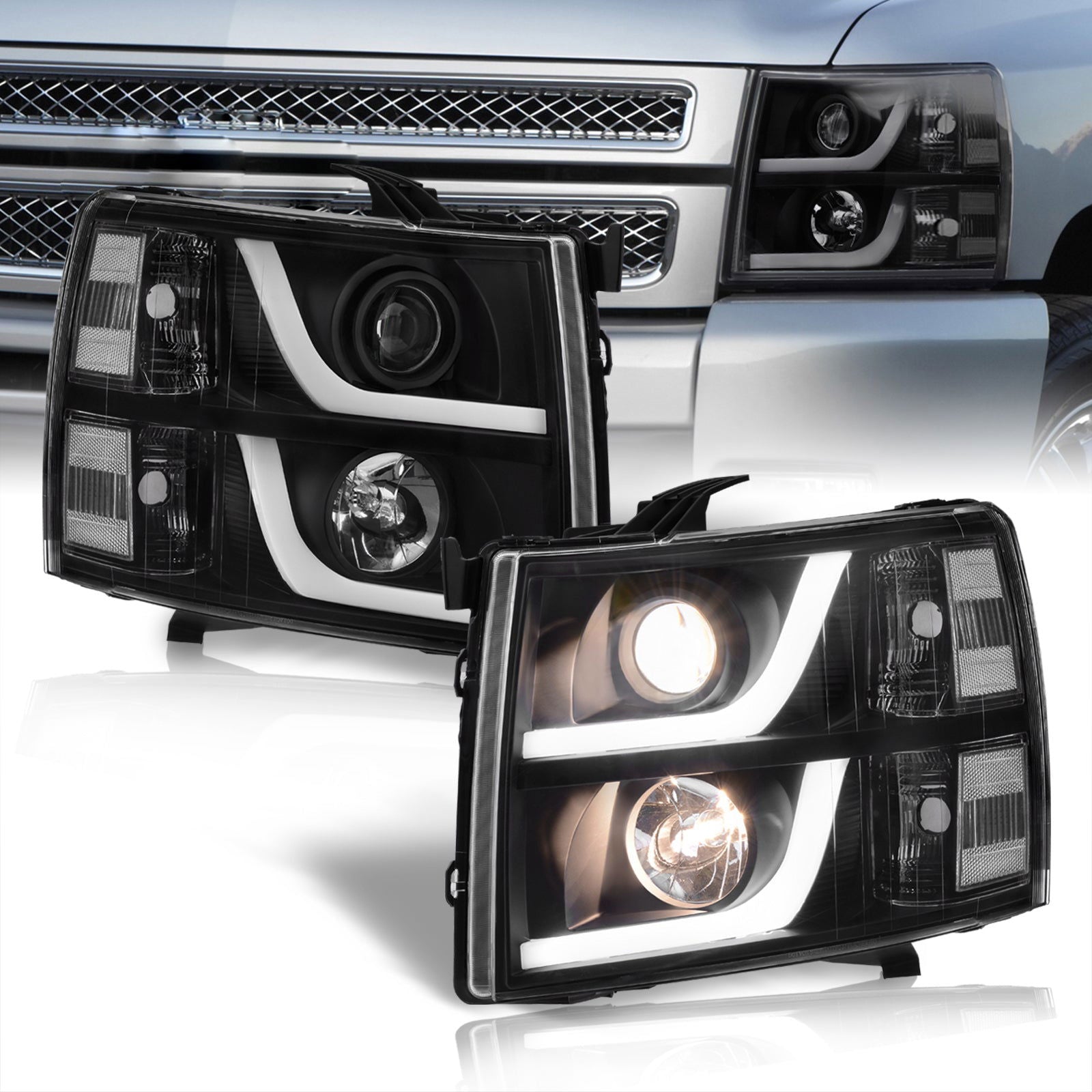 Chevrolet Silverado 1500 2007-2013 / 2500HD 3500HD 2007-2014 LED DRL Bar Projector Headlights Black Housing Clear Len Clear Reflector - Parts Agent