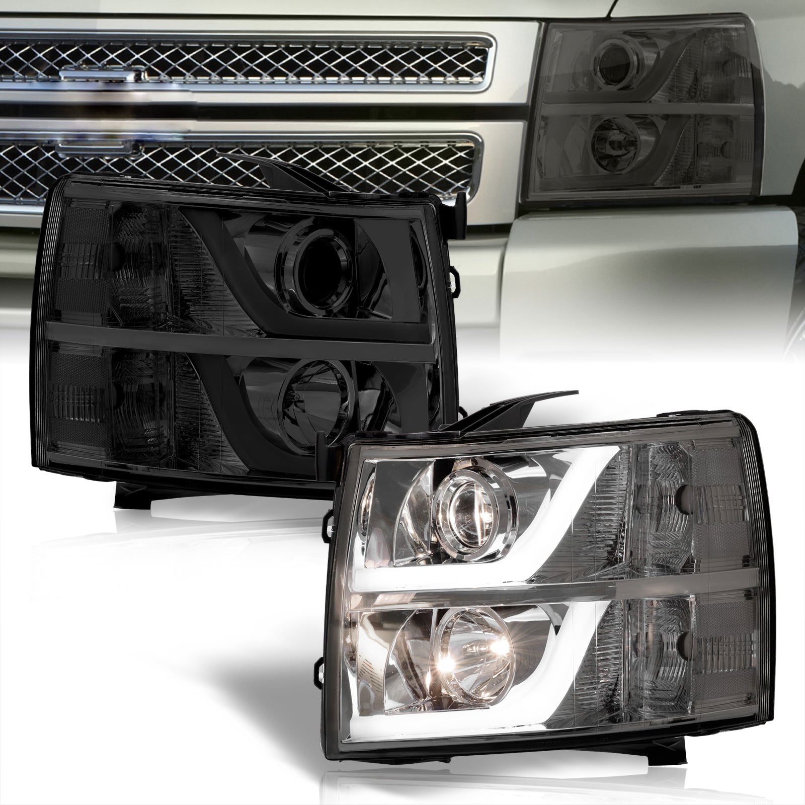 Chevrolet Silverado 1500 2007-2013 / 2500HD 3500HD 2007-2014 LED DRL Bar Projector Headlights Chrome Housing Smoke Len Clear Reflector - Parts Agent