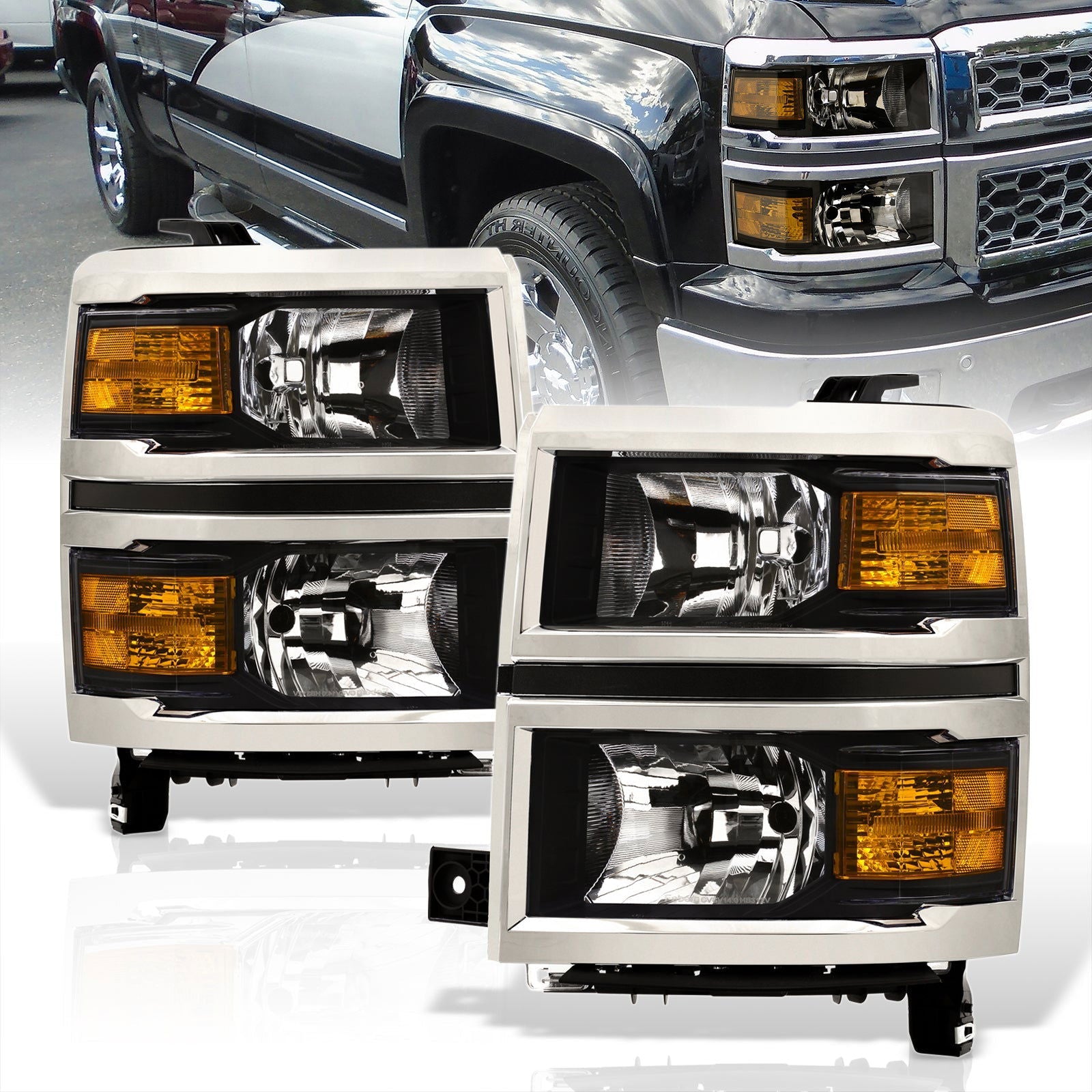 Chevrolet Silverado 1500 2014-2015 Factory Style Headlights Black Housing Clear Len Amber Reflector (Will Not Fit 2500 & HD Models) - Parts Agent