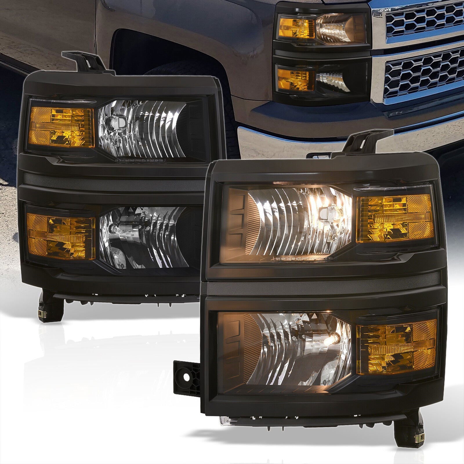 Chevrolet Silverado 1500 2014-2015 Factory Style Headlights Black Housing Clear Len Amber Reflector (Will Not Fit 2500 & HD Models) - Parts Agent