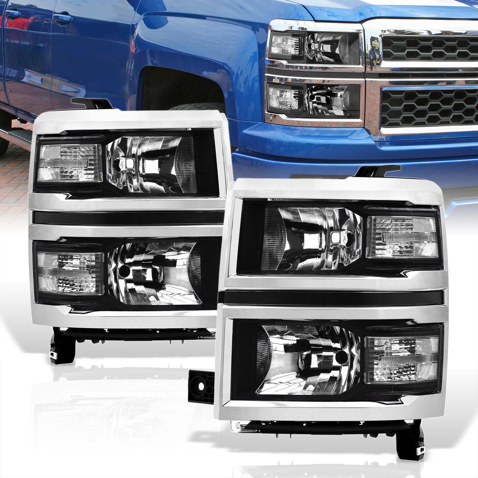 Chevrolet Silverado 1500 2014-2015 Factory Style Headlights Black Housing Clear Len Clear Reflector (Will Not Fit 2500 & HD Models) - Parts Agent