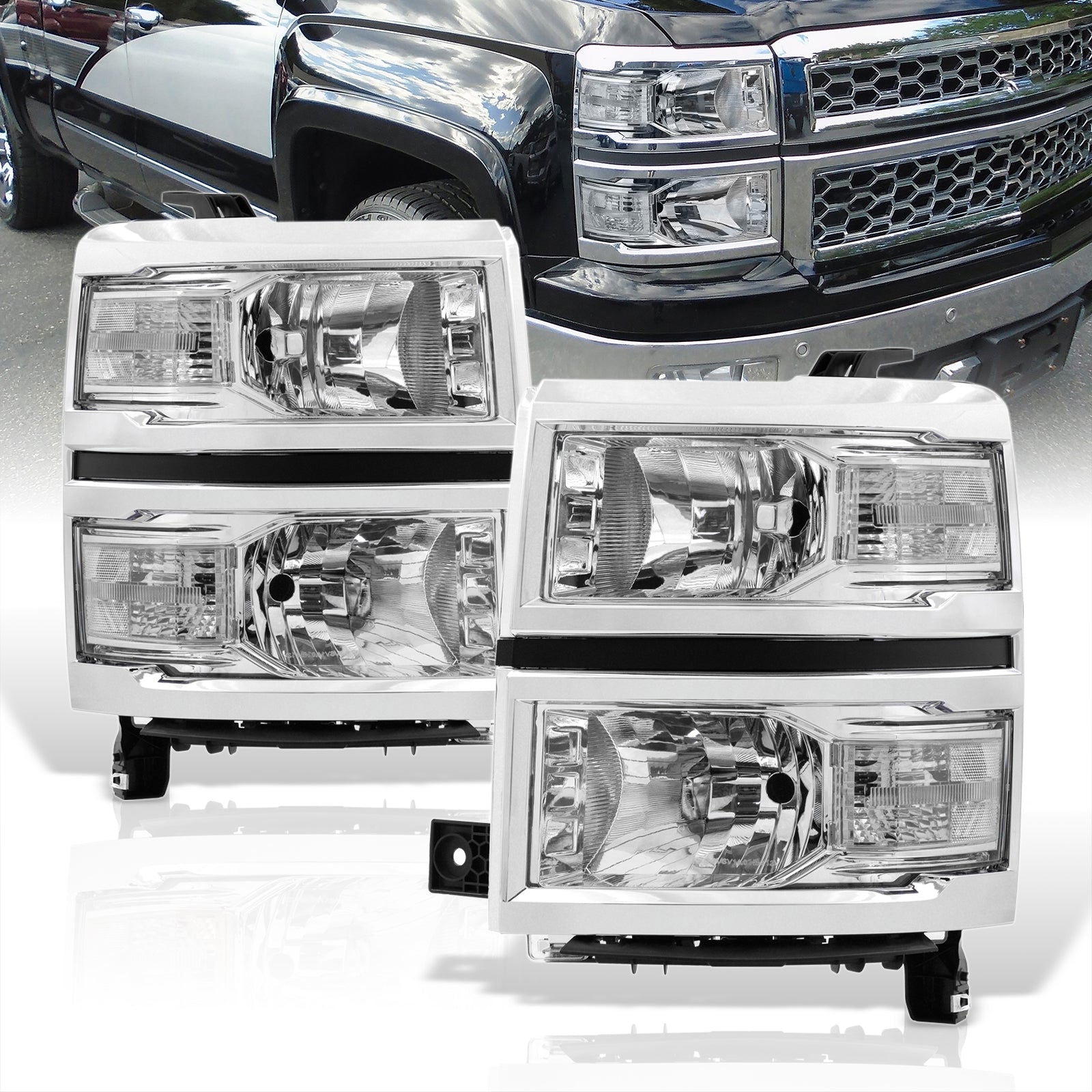 Chevrolet Silverado 1500 2014-2015 Factory Style Headlights Chrome Housing Clear Len Clear Reflector (Will Not Fit 2500 & HD Models) - Parts Agent