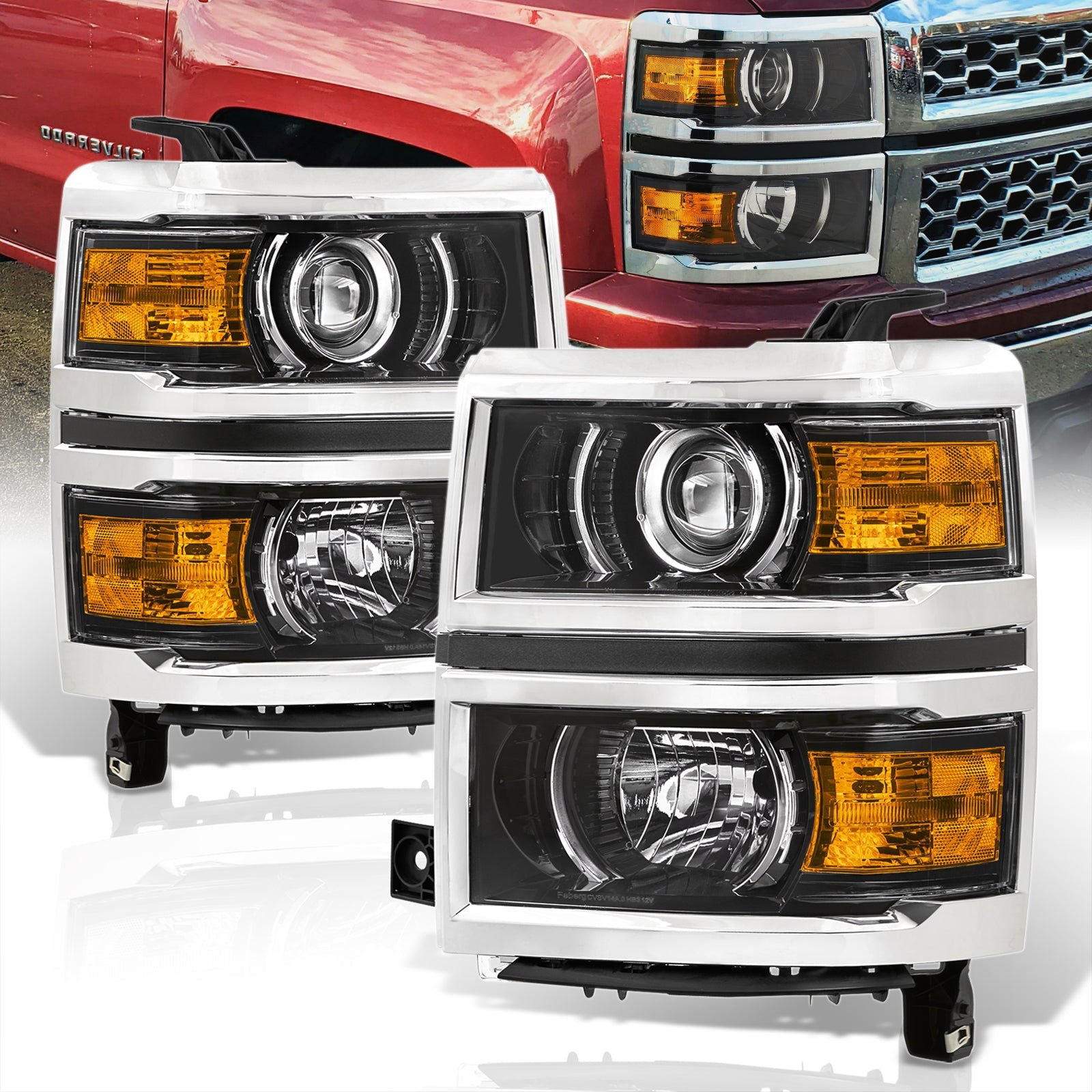 Chevrolet Silverado 1500 2014-2015 Factory Style Projector Headlights Black Housing Clear Len Amber Reflector - Parts Agent