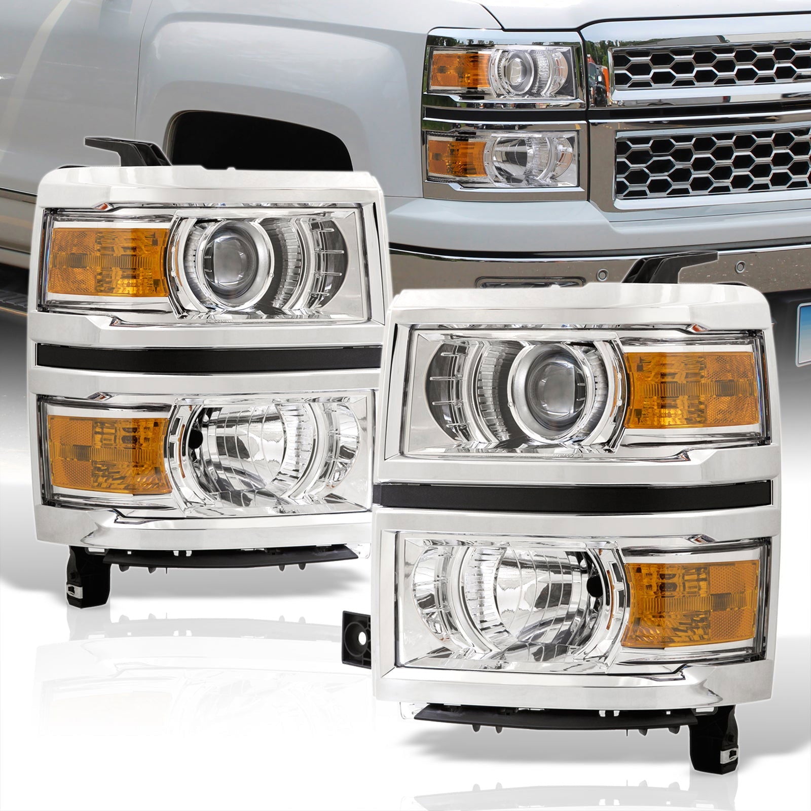 Chevrolet Silverado 1500 2014-2015 Factory Style Projector Headlights Chrome Housing Clear Len Amber Reflector - Parts Agent