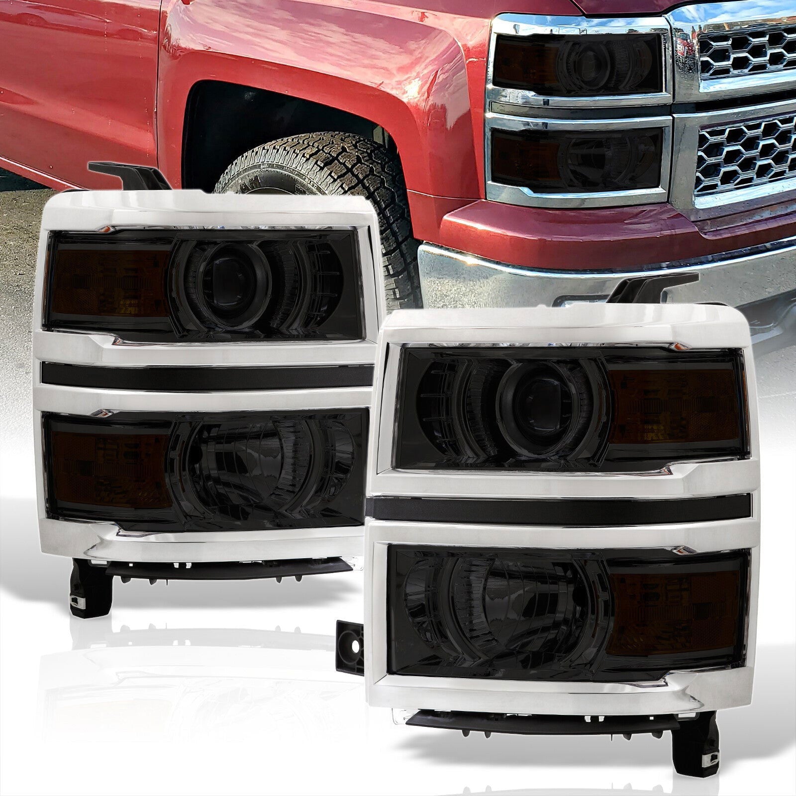 Chevrolet Silverado 1500 2014-2015 Factory Style Projector Headlights Chrome Housing Smoke Len Amber Reflector - Parts Agent