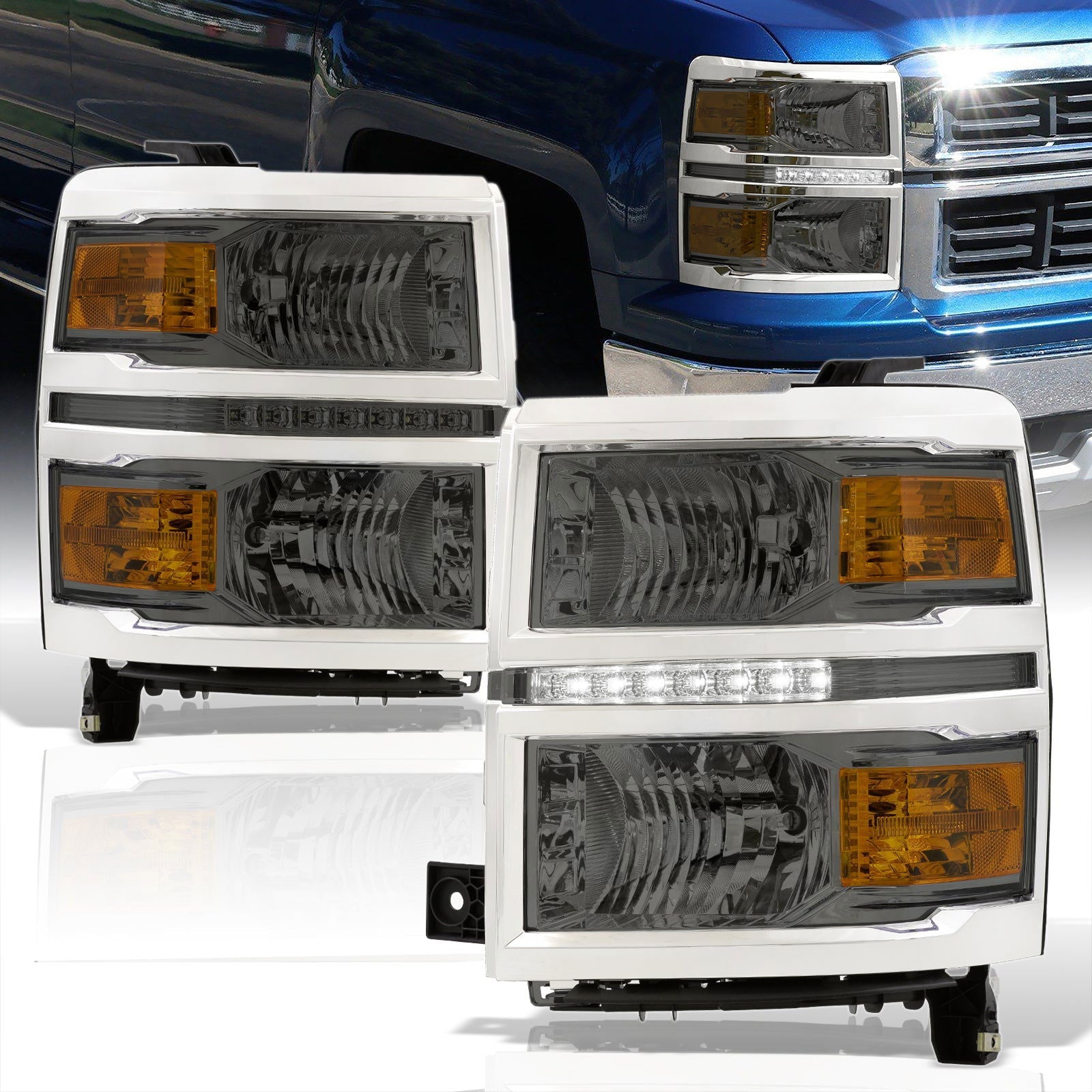 Chevrolet Silverado 1500 2014-2015 LED DRL Headlights Chrome Housing Smoke Len Amber Reflector (Will Not Fit 2500 & HD Models) - Parts Agent