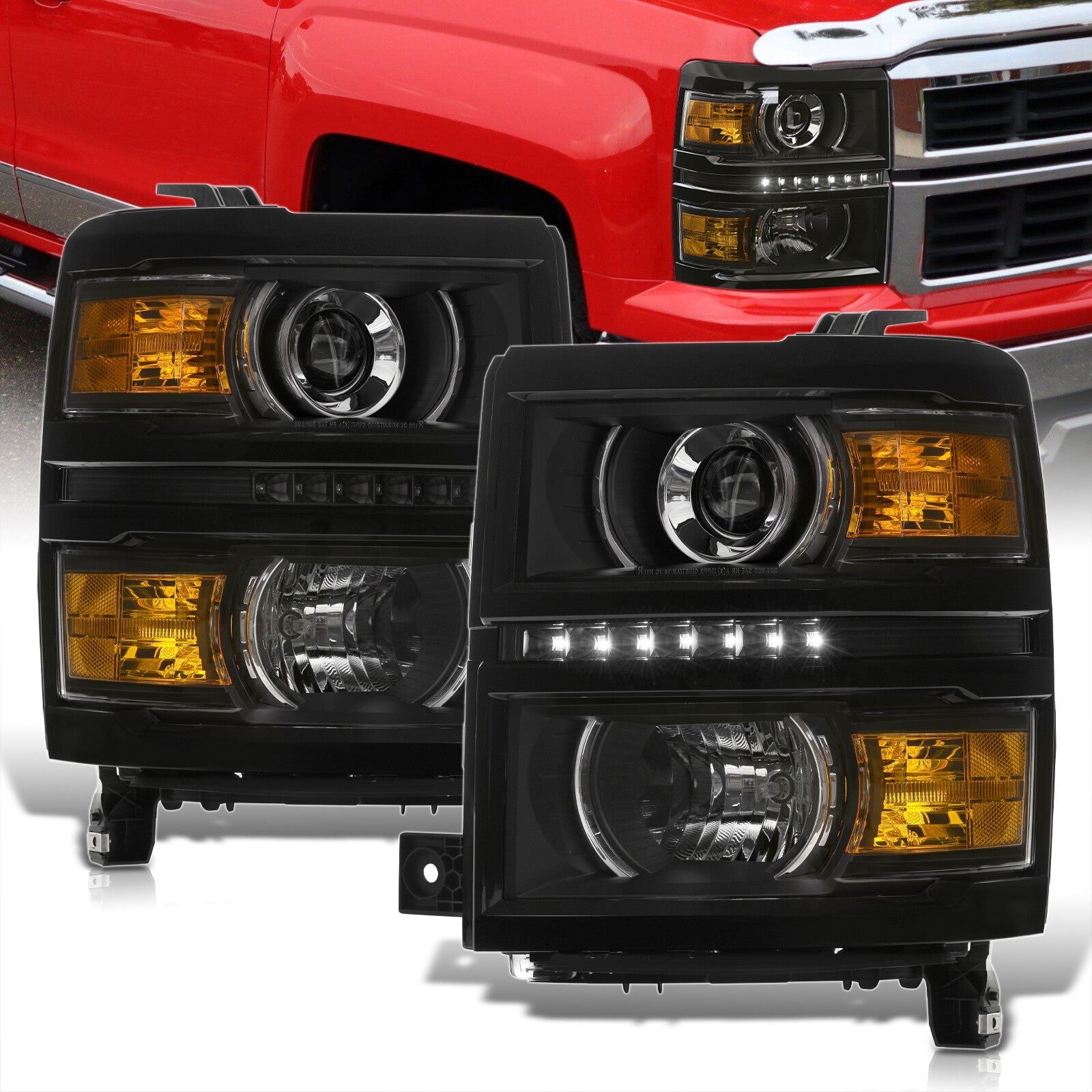Chevrolet Silverado 1500 2014-2015 LED DRL Projector Headlights Black Housing Clear Len Amber Reflector (Will Not Fit 2500 & HD Models) - Parts Agent