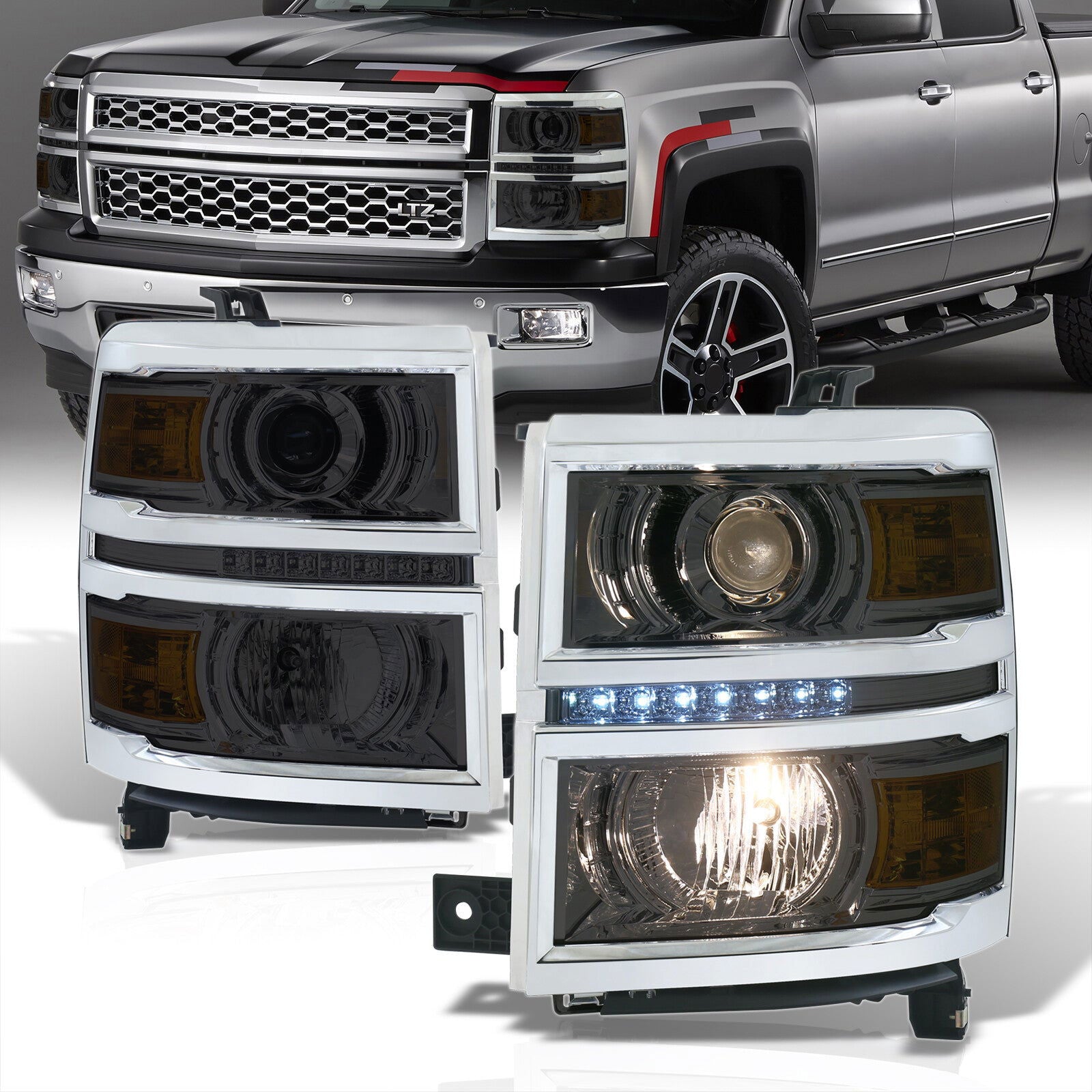 Chevrolet Silverado 1500 2014-2015 LED DRL Projector Headlights Chrome Housing Smoke Len Amber Reflector (Will Not Fit 2500 & HD Models) - Parts Agent