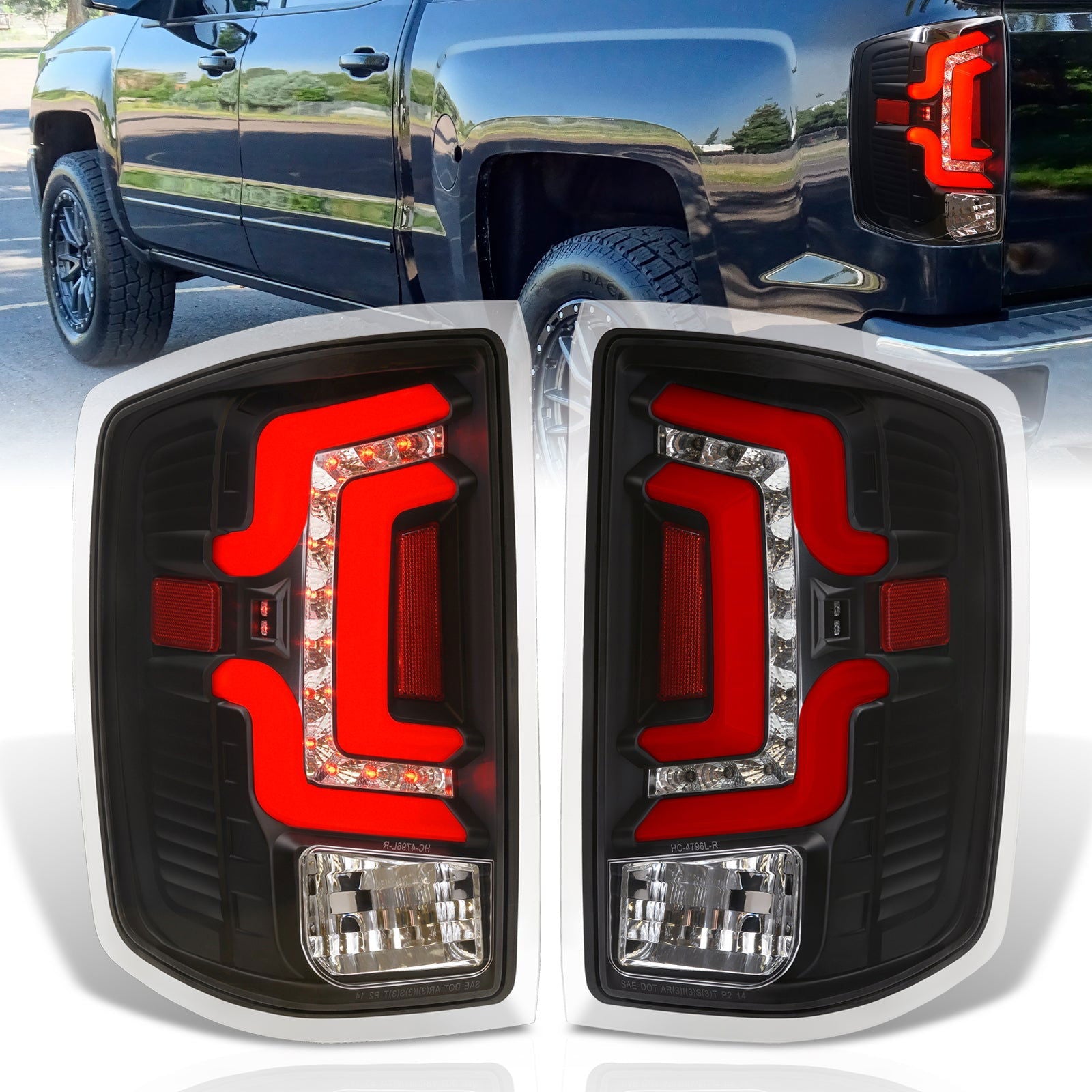 Chevrolet Silverado 1500 2014-2018 / 1500LD 2019 / 2500HD 3500HD 2015-2019 / GMC Sierra 3500HD Dually 2015-2019 LED Bar Tail Lights Black Housing Clear Len Red Tube (Excluding OEM LED Models) - Parts Agent