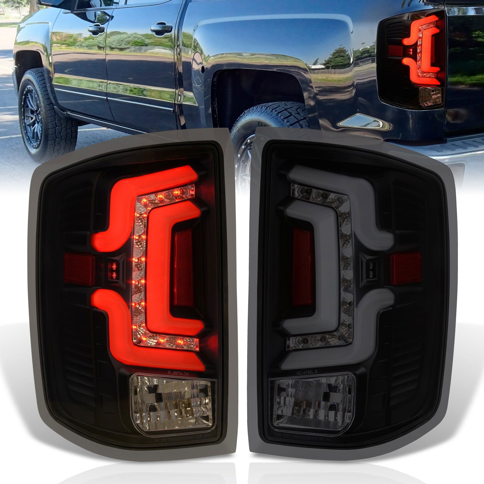 Chevrolet Silverado 1500 2014-2018 / 1500LD 2019 / 2500HD 3500HD 2015-2019 / GMC Sierra 3500HD Dually 2015-2019 LED Bar Tail Lights Black Housing Smoke Len White Tube (Excluding OEM LED Models) - Parts Agent