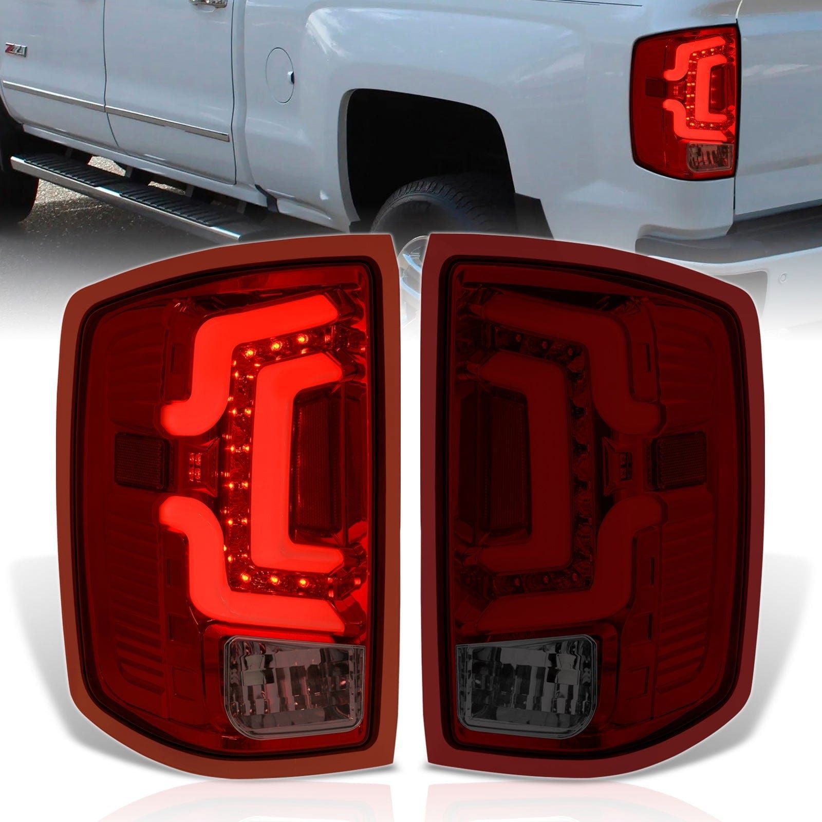 Chevrolet Silverado 1500 2014-2018 / 1500LD 2019 / 2500HD 3500HD 2015-2019 / GMC Sierra 3500HD Dually 2015-2019 LED Bar Tail Lights Chrome Housing Red Smoke Len White Tube (Excluding OEM LED Models) - Parts Agent