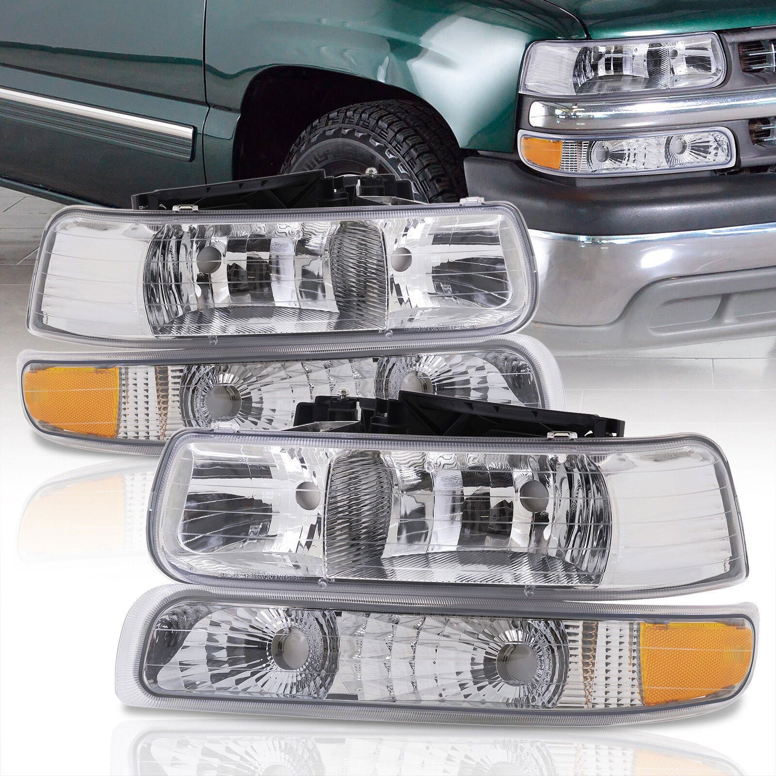 Chevrolet Silverado 1999-2002 / Suburban 2000-2006 / Tahoe 2000-2006 Factory Style Headlights + Bumpers Chrome Housing Clear Len Amber Reflector - Parts Agent