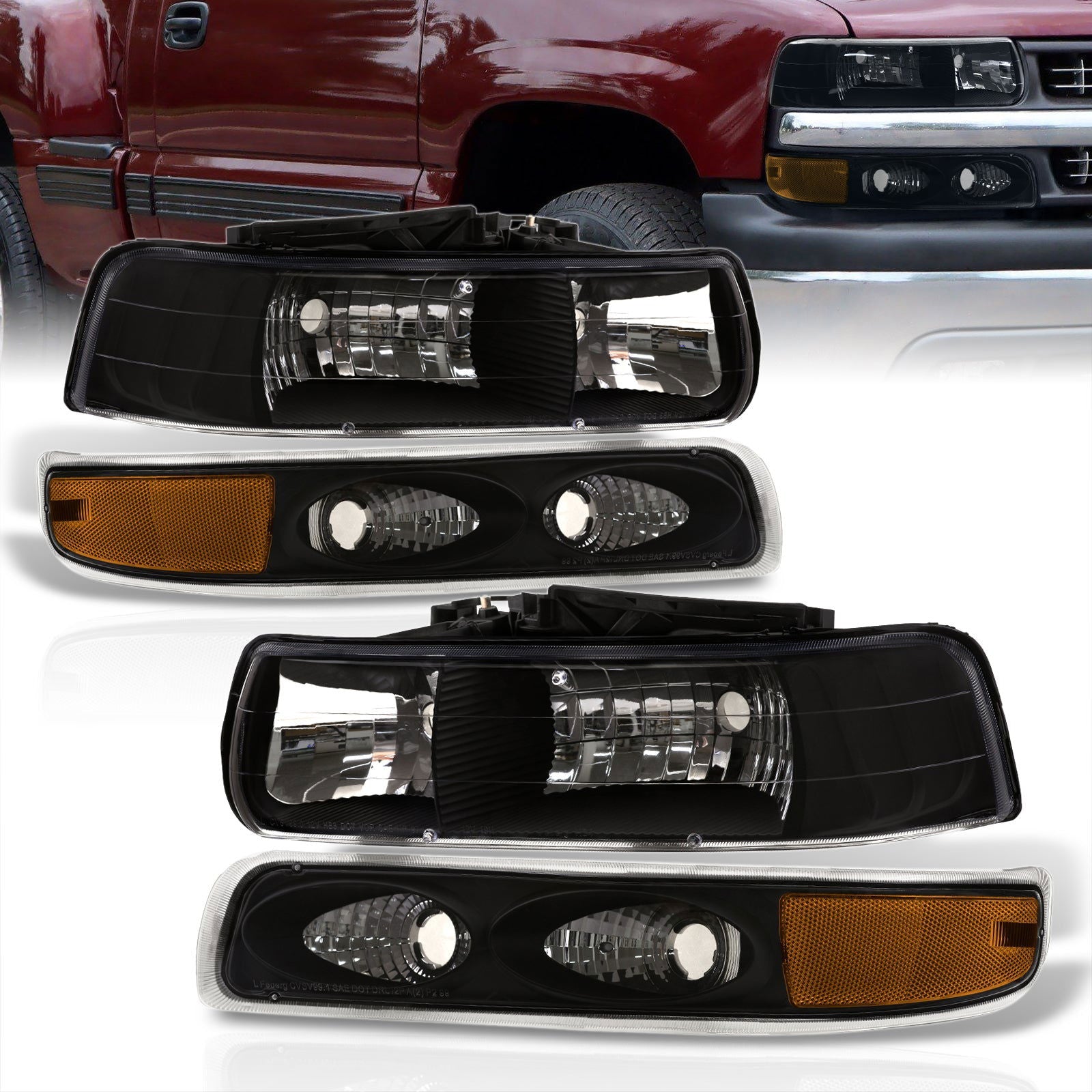 Chevrolet Silverado 1999-2002 / Suburban Tahoe 2000-2006 Factory Style Headlights + Bumpers Black Housing Clear Len Amber Reflector - Parts Agent