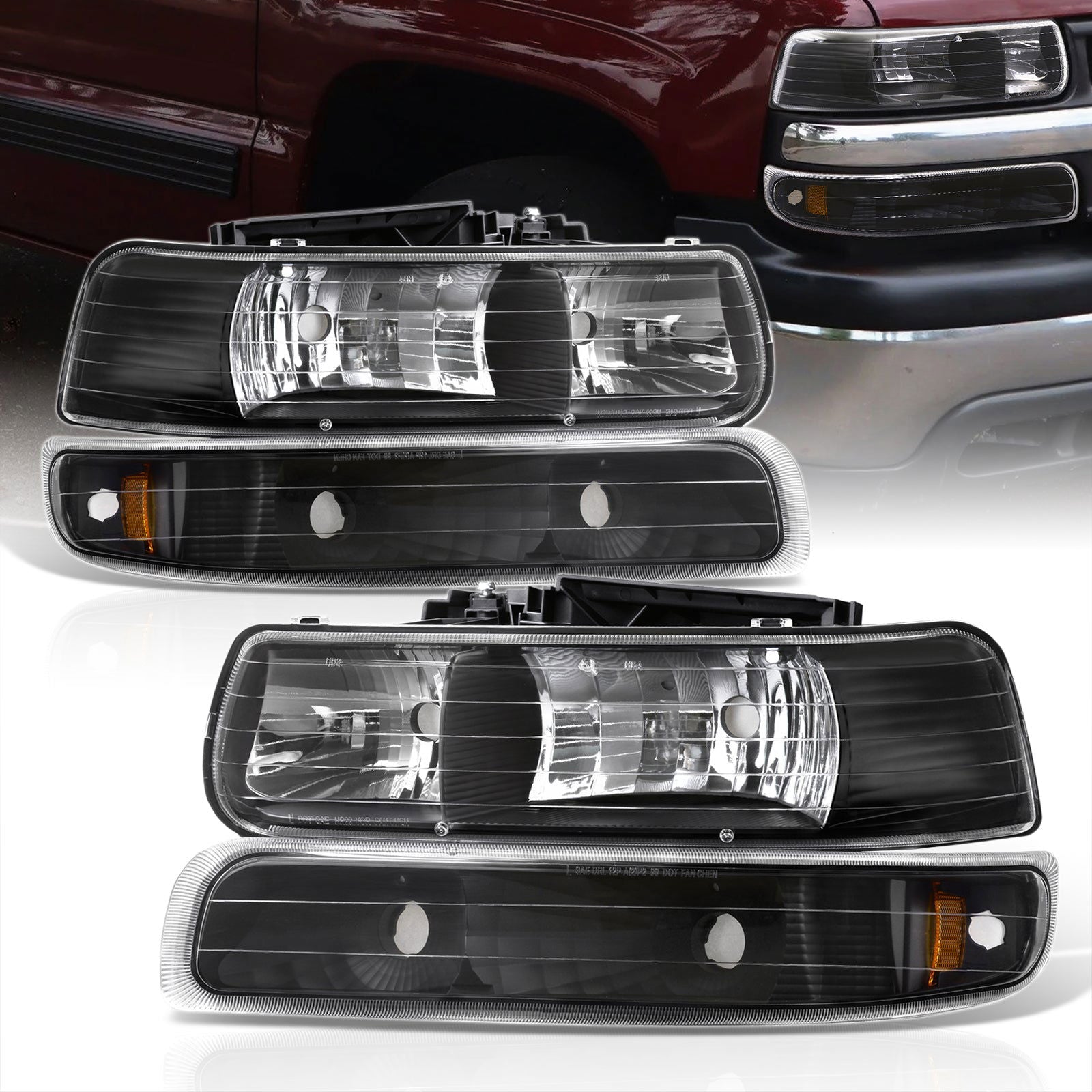 Chevrolet Silverado 1999-2002 / Suburban Tahoe 2000-2006 Factory Style Headlights + Bumpers Black Housing Clear Len Amber Reflector (All Black Bumpers) - Parts Agent