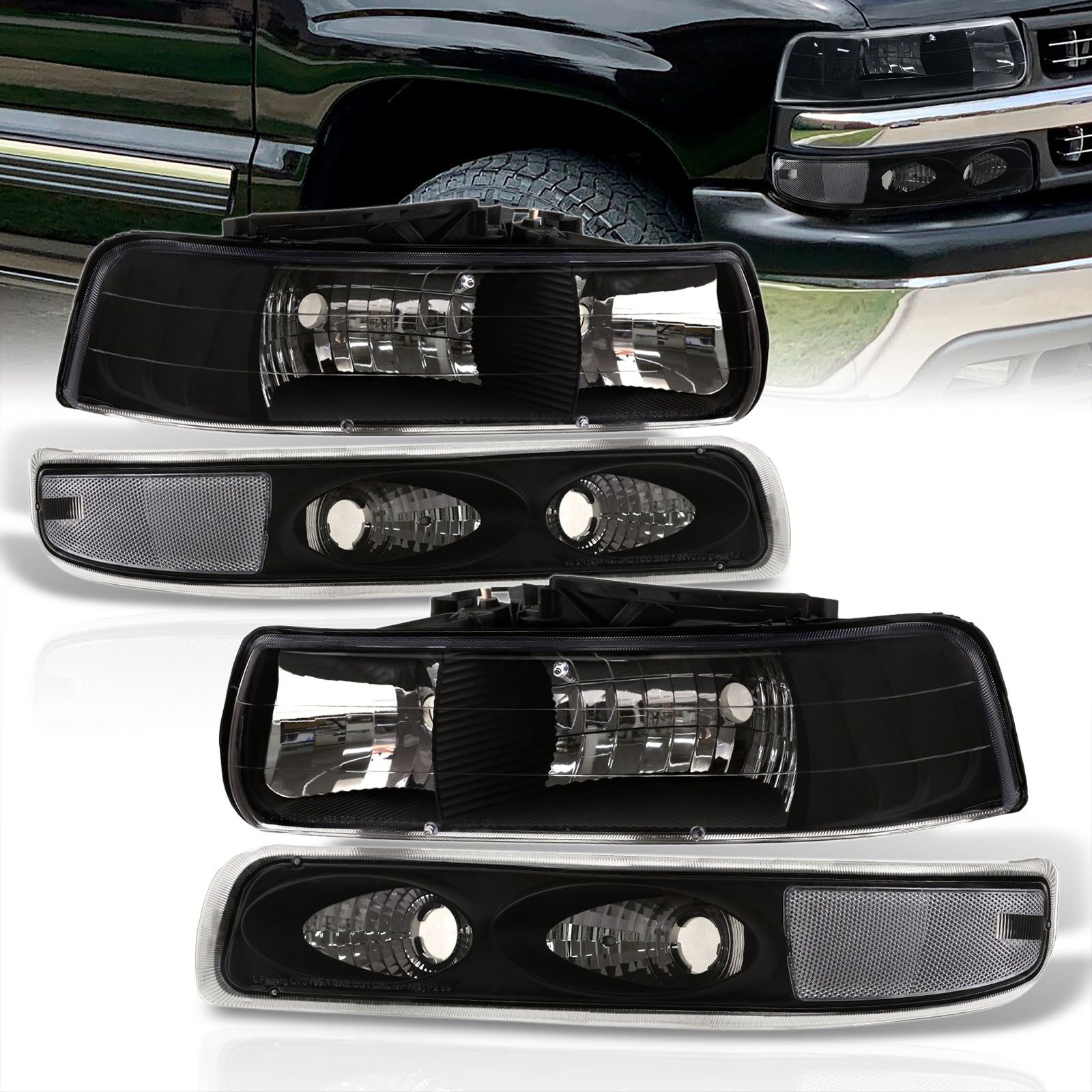 Chevrolet Silverado 1999-2002 / Suburban Tahoe 2000-2006 Factory Style Headlights + Bumpers Black Housing Clear Len Clear Reflector - Parts Agent