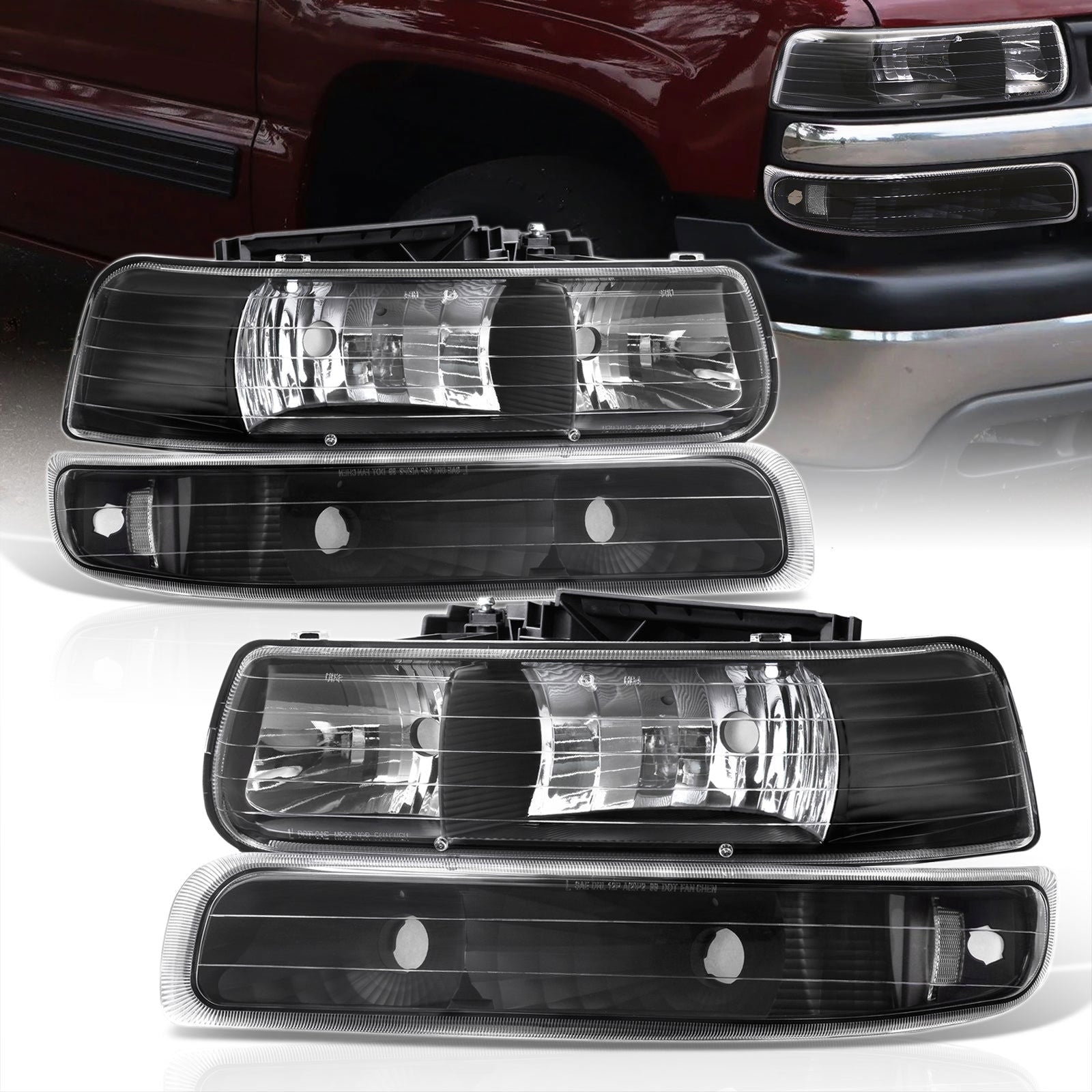 Chevrolet Silverado 1999-2002 / Suburban Tahoe 2000-2006 Factory Style Headlights + Bumpers Black Housing Clear Len Clear Reflector (All Black Bumpers) - Parts Agent