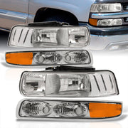 Chevrolet Silverado 1999-2002 / Suburban Tahoe 2000-2006 Factory Style Headlights + Bumpers Chrome Housing Clear Len Amber Reflector - Parts Agent