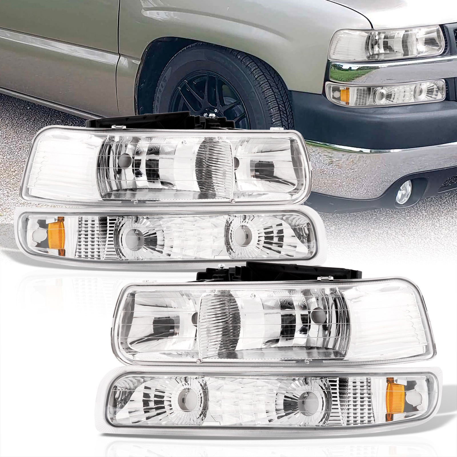 Chevrolet Silverado 1999-2002 / Suburban Tahoe 2000-2006 Factory Style Headlights + Bumpers Chrome Housing Clear Len Amber Reflector - Parts Agent