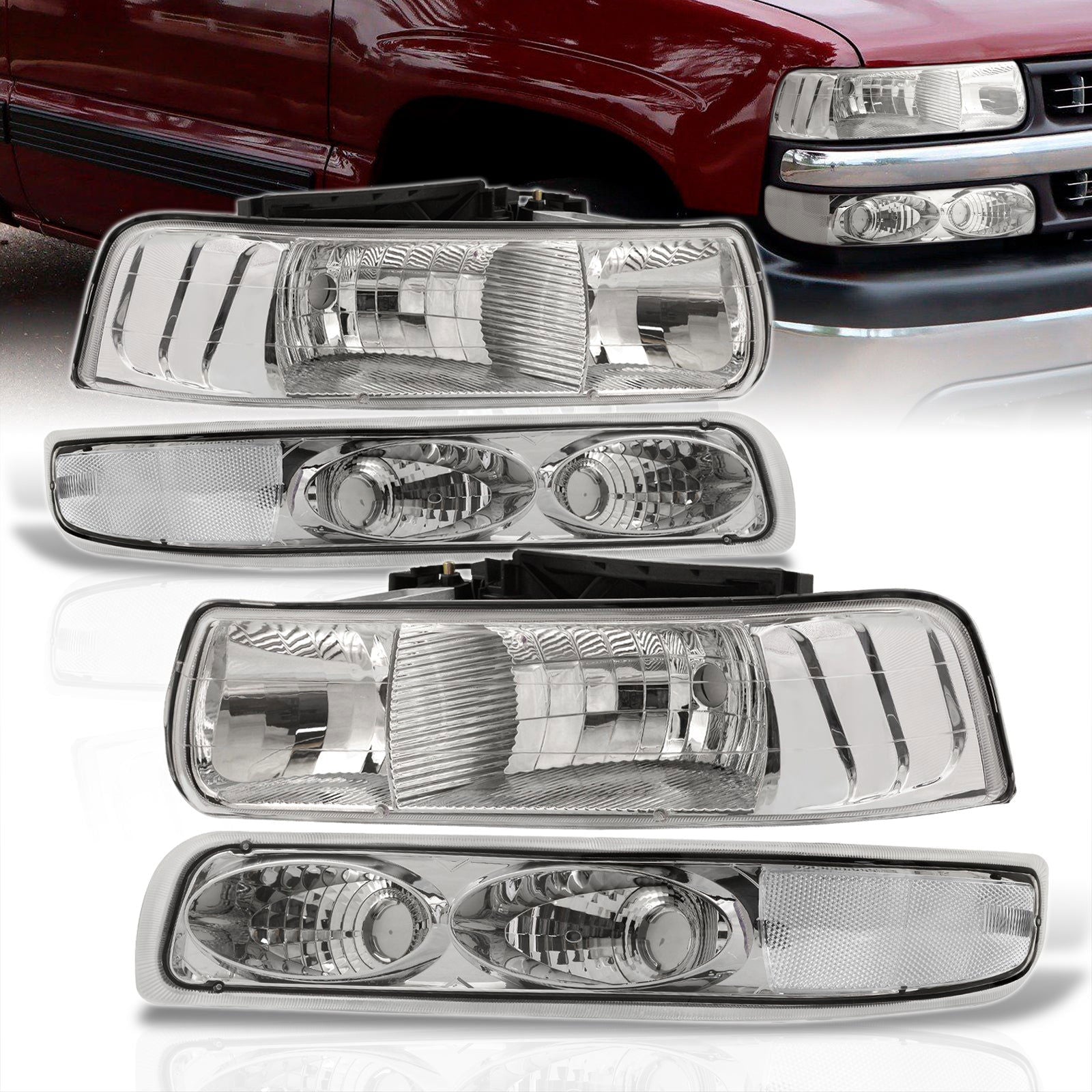Chevrolet Silverado 1999-2002 / Suburban Tahoe 2000-2006 Factory Style Headlights + Bumpers Chrome Housing Clear Len Clear Reflector - Parts Agent