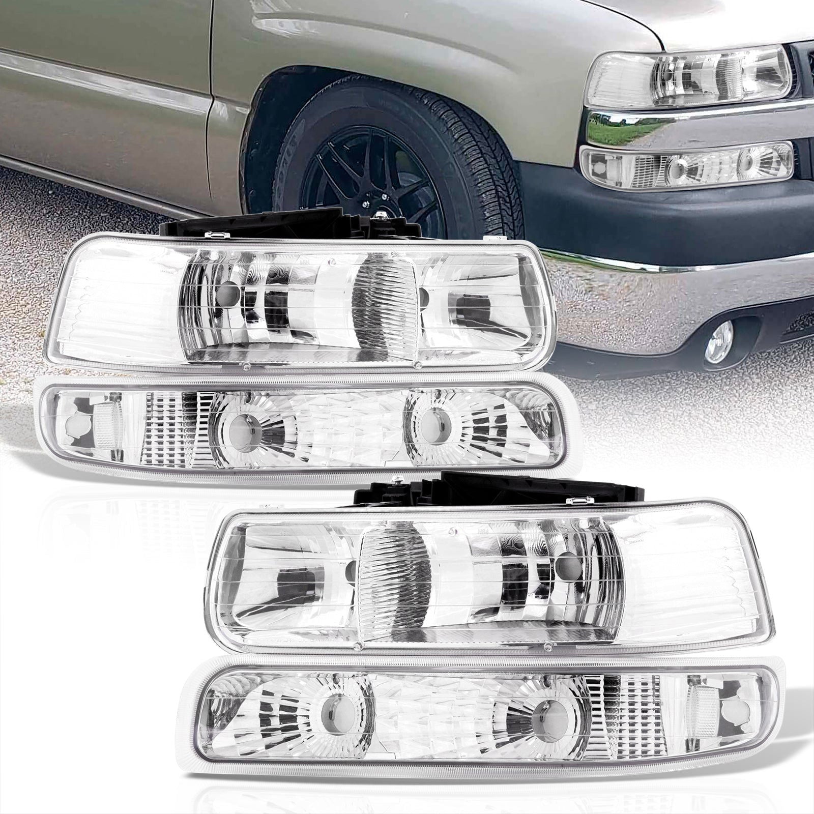 Chevrolet Silverado 1999-2002 / Suburban Tahoe 2000-2006 Factory Style Headlights + Bumpers Chrome Housing Clear Len Clear Reflector - Parts Agent