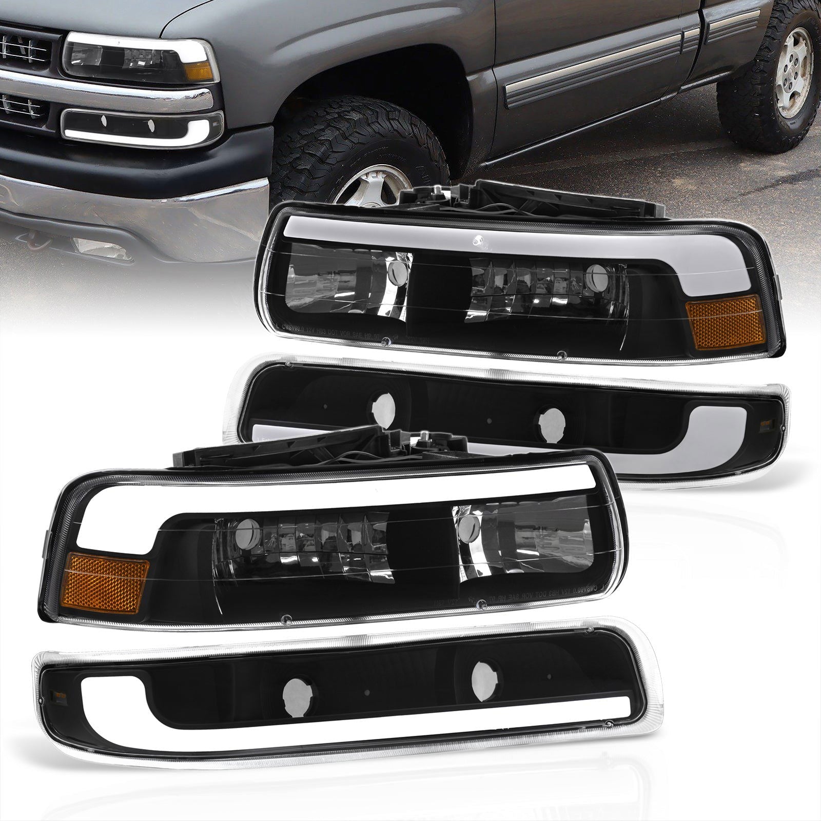 Chevrolet Silverado 1999-2002 / Suburban Tahoe 2000-2006 LED DRL Bar Factory Style Headlights + Bumpers Black Housing Clear Len Amber Reflector - Parts Agent