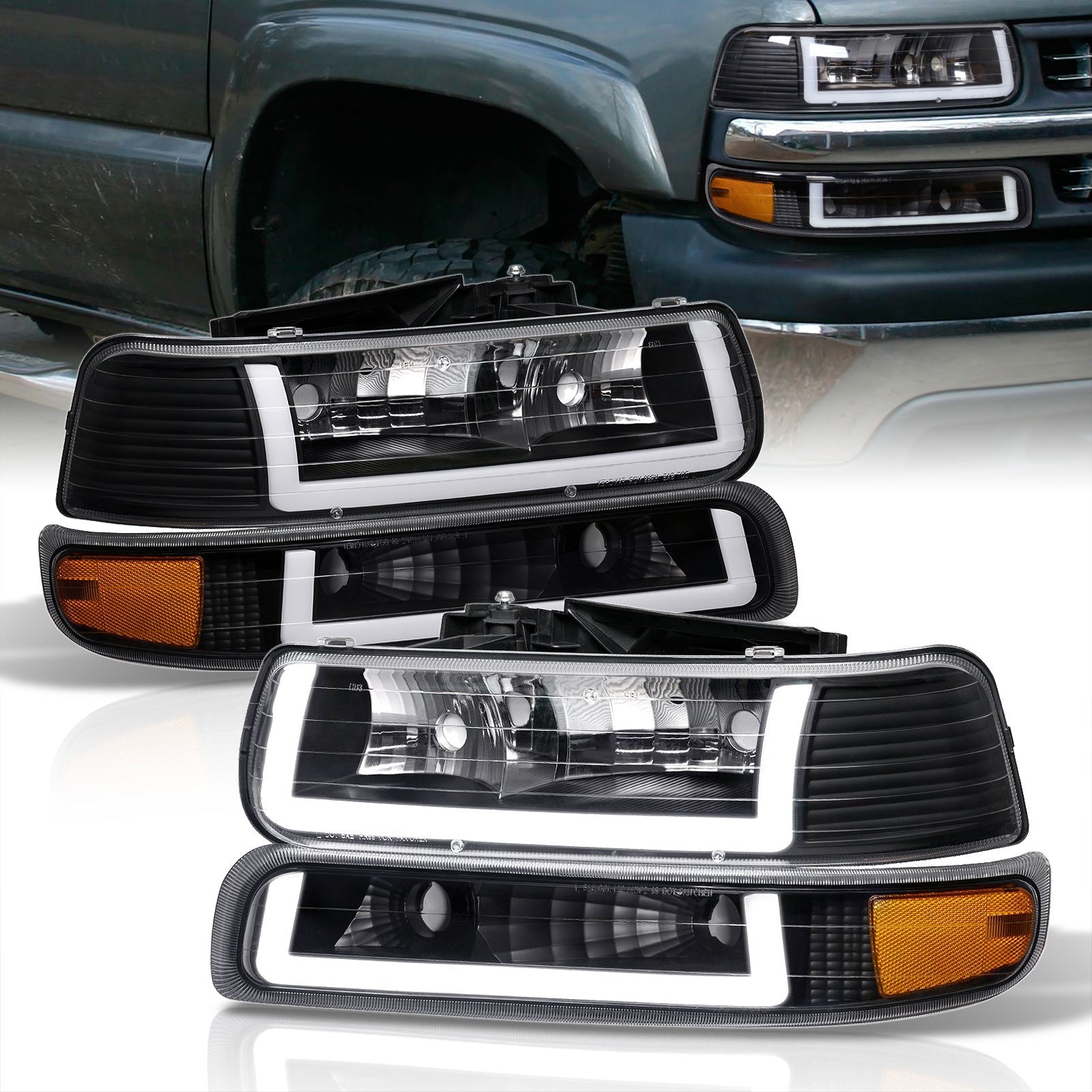 Chevrolet Silverado 1999-2002 / Suburban Tahoe 2000-2006 LED DRL Bar Factory Style Headlights + Bumpers Black Housing Clear Len Amber Reflector - Parts Agent
