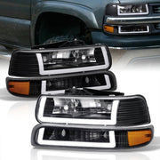 Chevrolet Silverado 1999-2002 / Suburban Tahoe 2000-2006 LED DRL Bar Factory Style Headlights + Bumpers Black Housing Clear Len Amber Reflector - Parts Agent