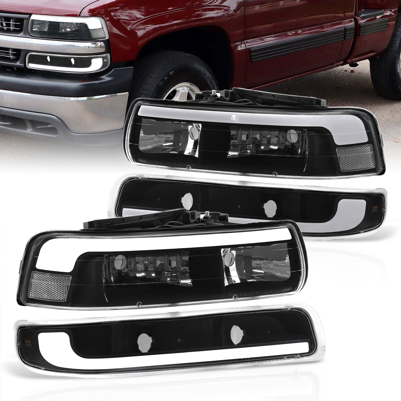 Chevrolet Silverado 1999-2002 / Suburban Tahoe 2000-2006 LED DRL Bar Factory Style Headlights + Bumpers Black Housing Clear Len Clear Reflector - Parts Agent
